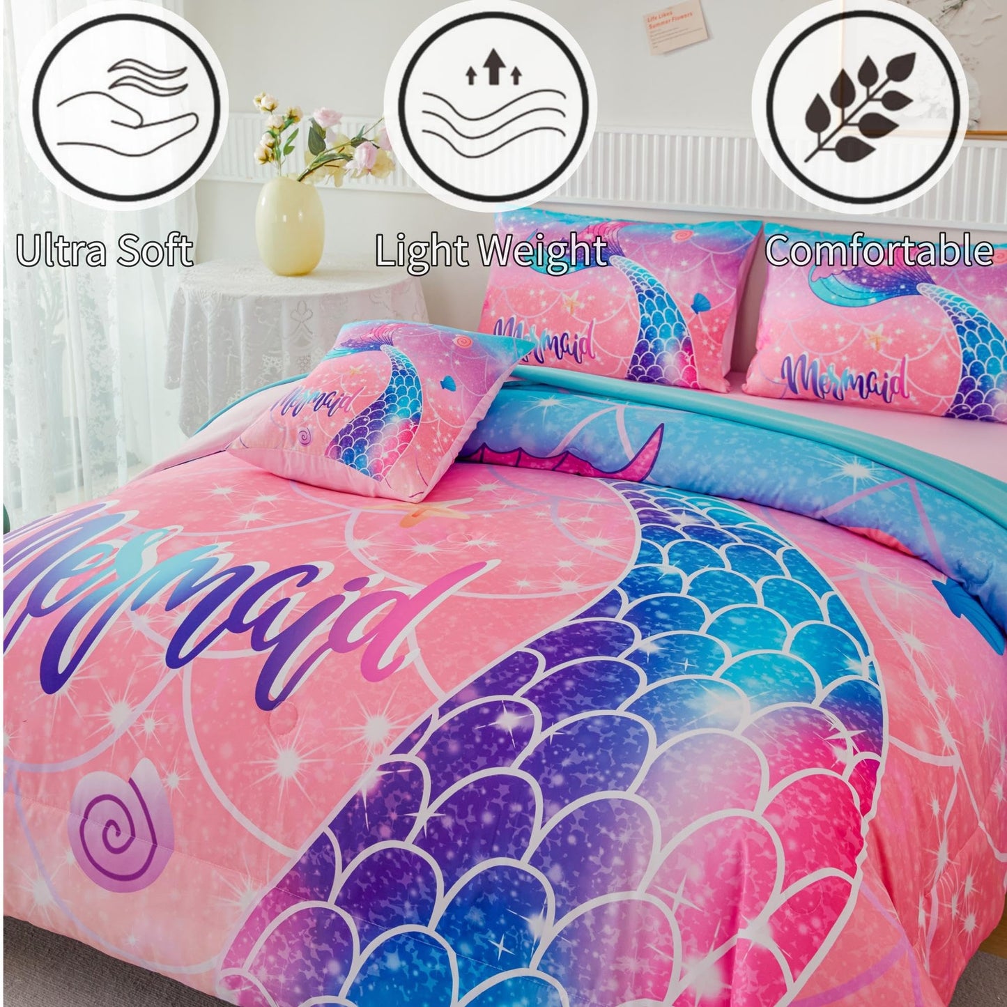 RYNGHIPY Mermaid Kids Girls Comforter Set Twin Size Pink Blue Gradient Fish Tail Bed in a Bag - Includes Comforter & Sheet Set for Teens Girls Super Soft Kids Bedding