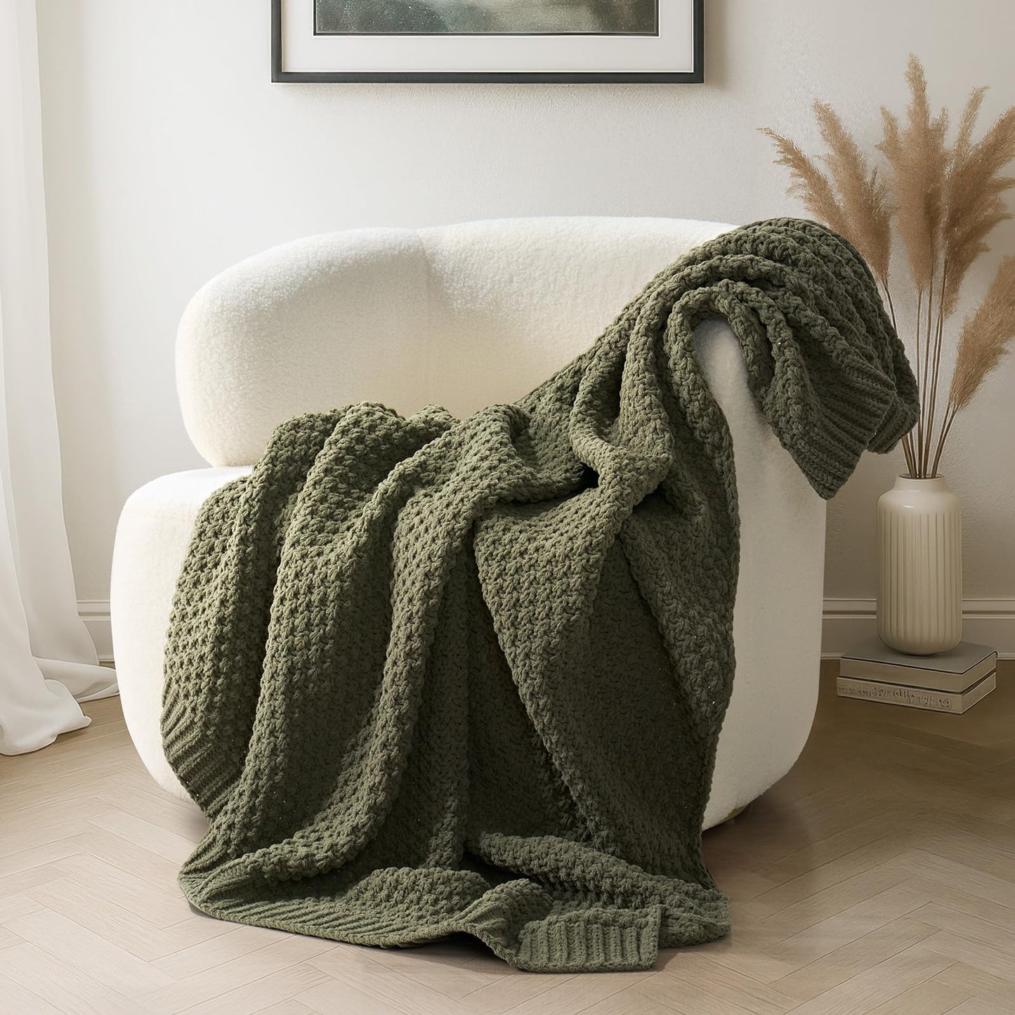 EVERGRACEHOME Chunky Chenille Knit Throw Blanket for Couch, Soft Luxurious Moss Stitch Chair Blankets for Bed, Cozy Decorative Farmhouse Knitted Throws for Sofa, Olive Green, 50" x 60"