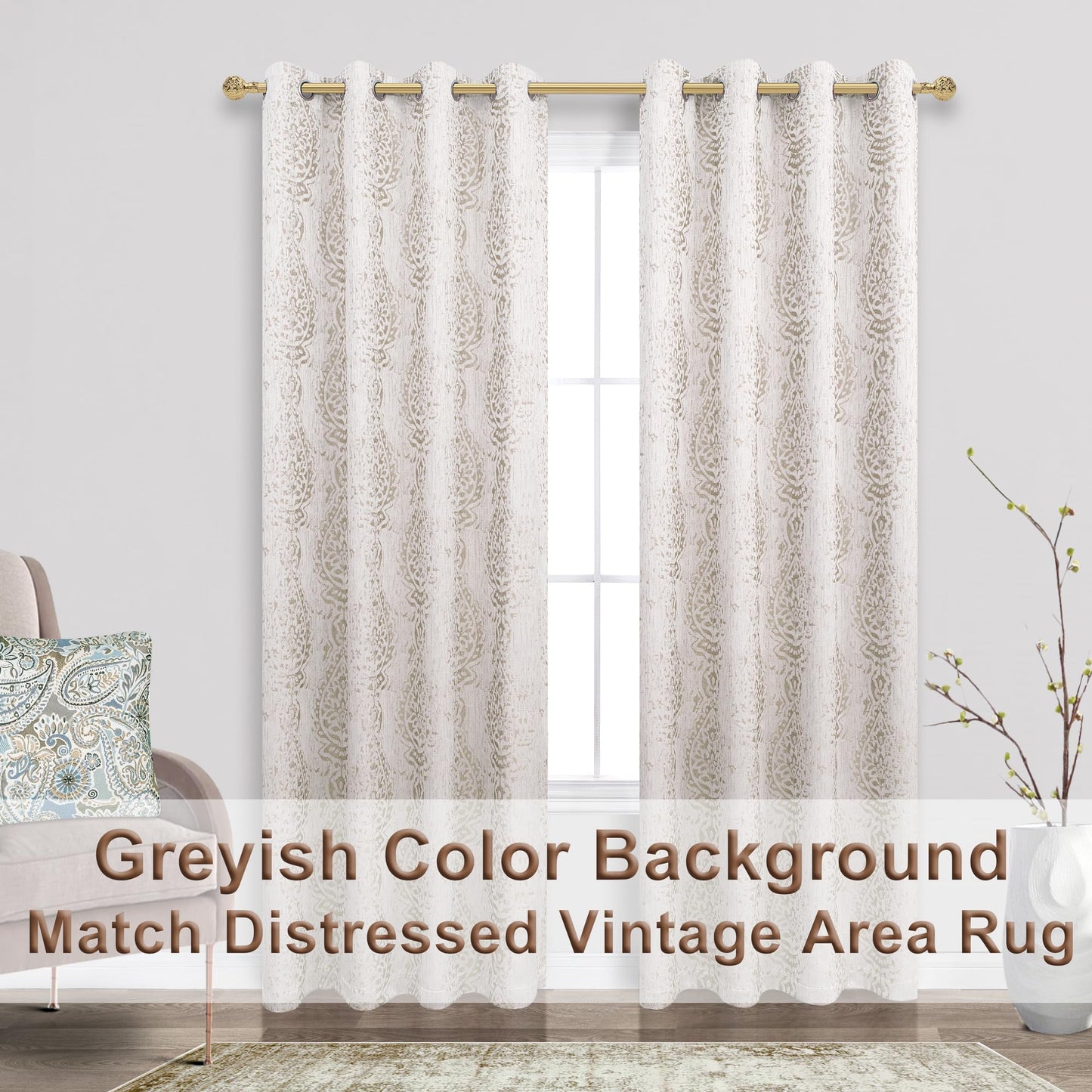 Taupe Neutral Patterned Curtains for Living Room, 84 Inch Long Semi Blackout Elegant Damask Geometric Textured Pattern Printed Light Blocking Window Curtain Drapes for Bedroom Dining, Tan Brown Beige