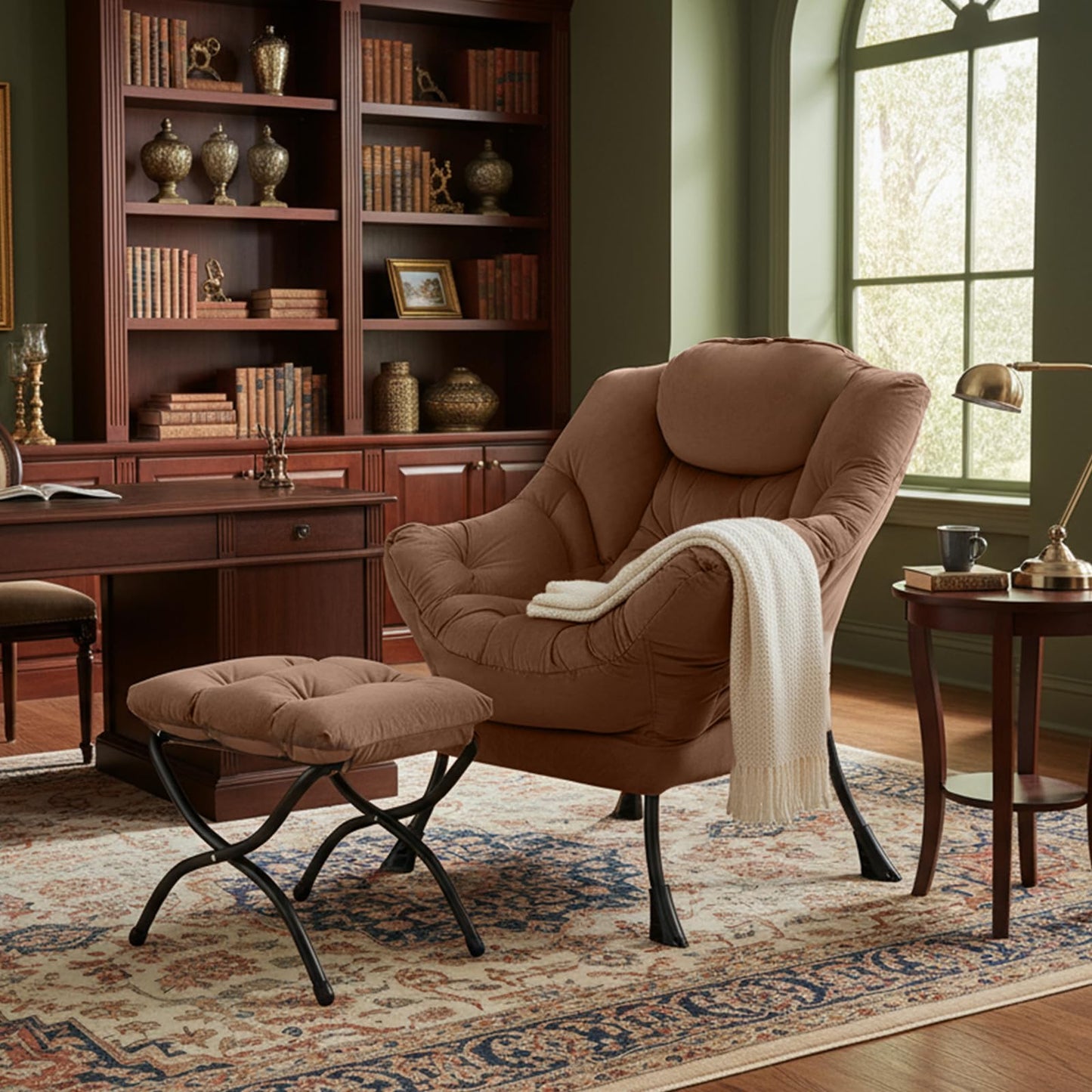 Tiita Lazy Chair with Ottoman, Brown Modern Large Accent Chair, Comfy Leisure Sofa Armchair with Ottoman, Reading Chair with Footrest for Bedroom, Living Room, Dorm Rooms, Brown