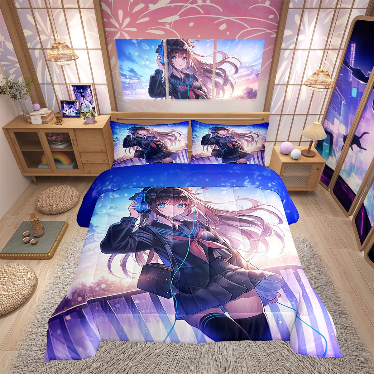 Erosebridal Anime Girl Bedding Set Full Size, Japanese Anime Comforter Set for Kids Boys Teens Bedroom Decor, Cartoon Girl Duvet Insert Kawaii Japanese Animation Quilt with 2 Pillow Cases