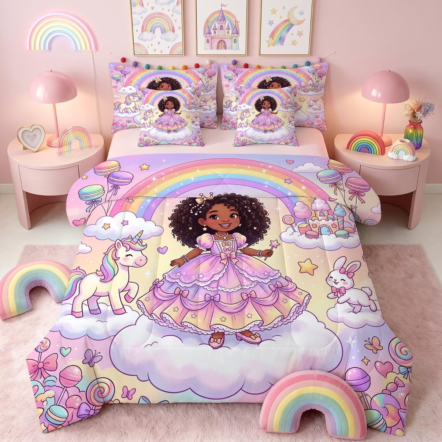 FUYEUN Rainbow Princess Unicorn 7 Piece Twin Comforter Set for Girls