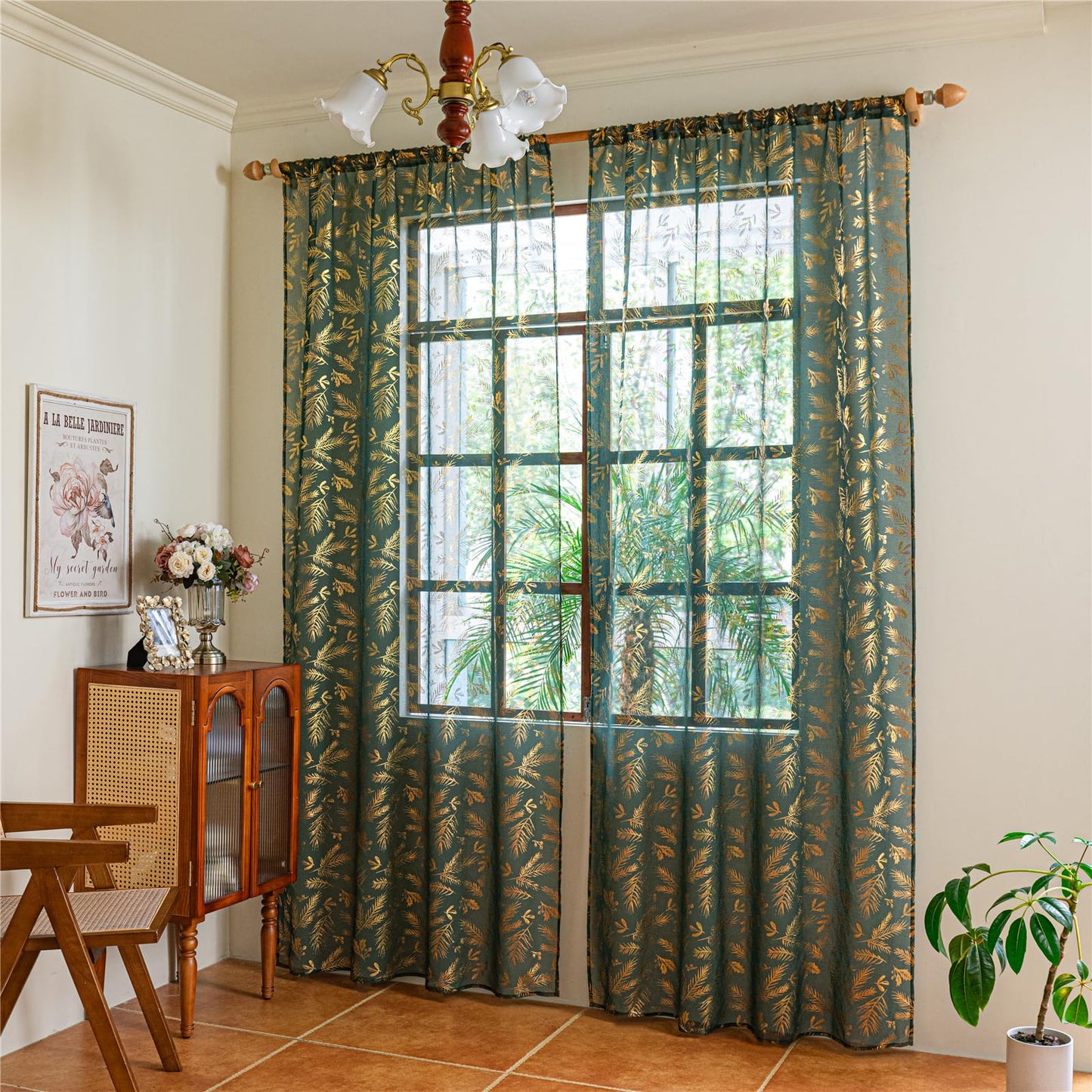 Deeprove Emerald Green Sheer Curtains 84 inches Long 2 Panels for Bedroom Living Room Xmas Decor Gliter Luxury Metallic Gold Foil Leaf Print Golden Window Treatments Pair Set, W52 x L84 Inch