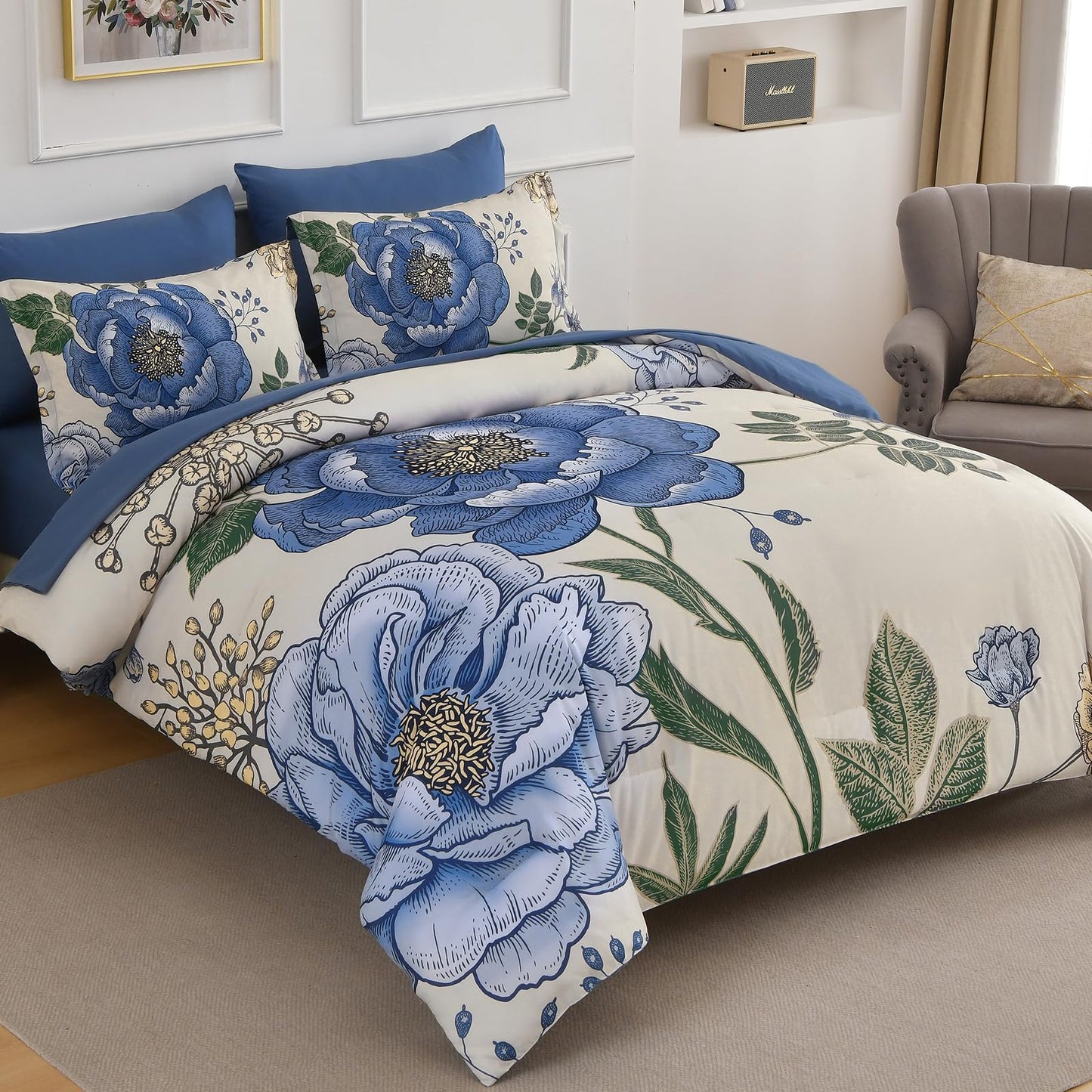 Luxudecor Beige Floral King Comforter Set 7 Pieces Bed in a Bag, Blue Flower Print on Beige Bedding Set,Soft Reversible Comforter with Sheets 104"x90"