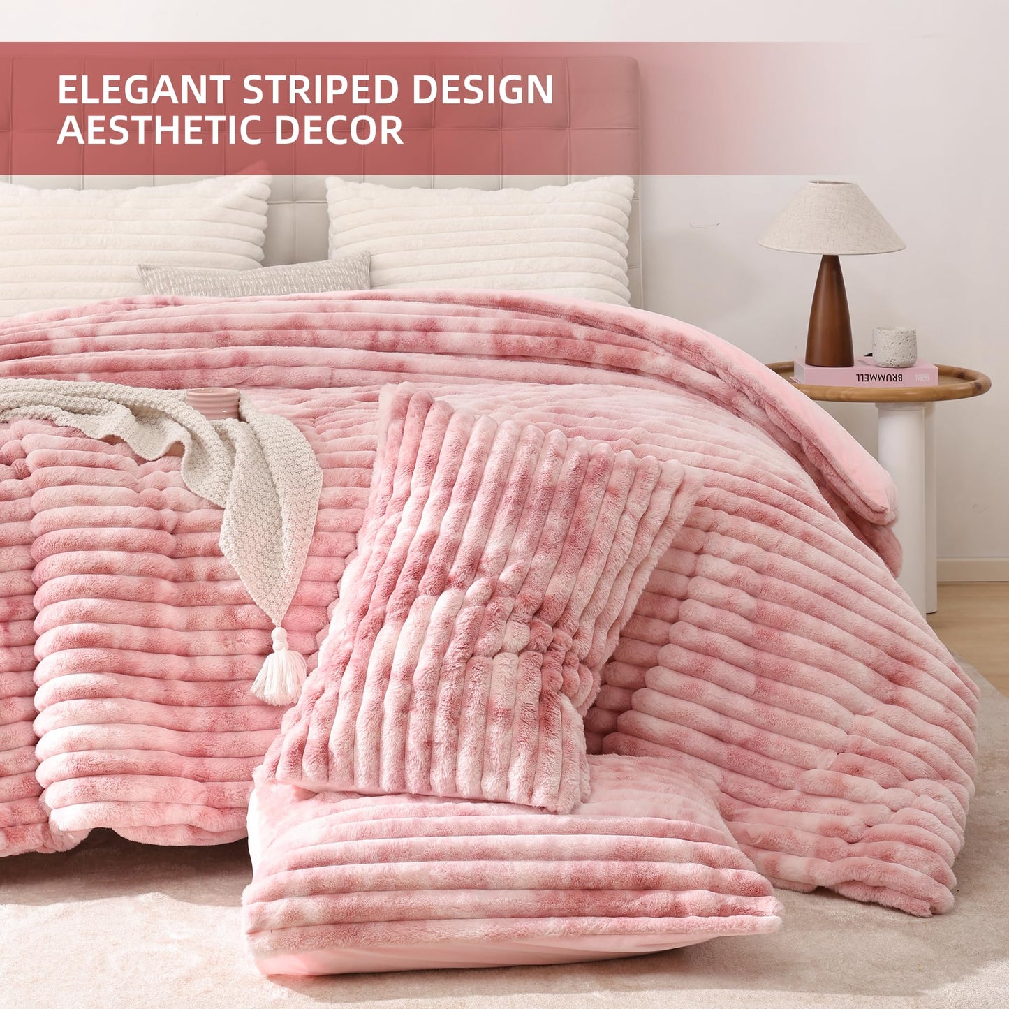 Smoofy Fluffy King Size Comforter Set 3 Pieces - Tie-dye Pink Fleece Fluffy Comforter Set, Luxury Fuzzy King Bedding Set, Soft King Bed Set All Season, Heavy Faux Fur Comforter with 2 Pillow Cases