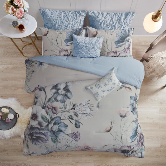 Madison Park Cassandra Cotton Blend Comforter Set - Feminine Design Colorful Floral Print, All Season Down Alternative Bedding Layer and Matching Shams, Queen (90 in x 90 in), Blue 8 Piece