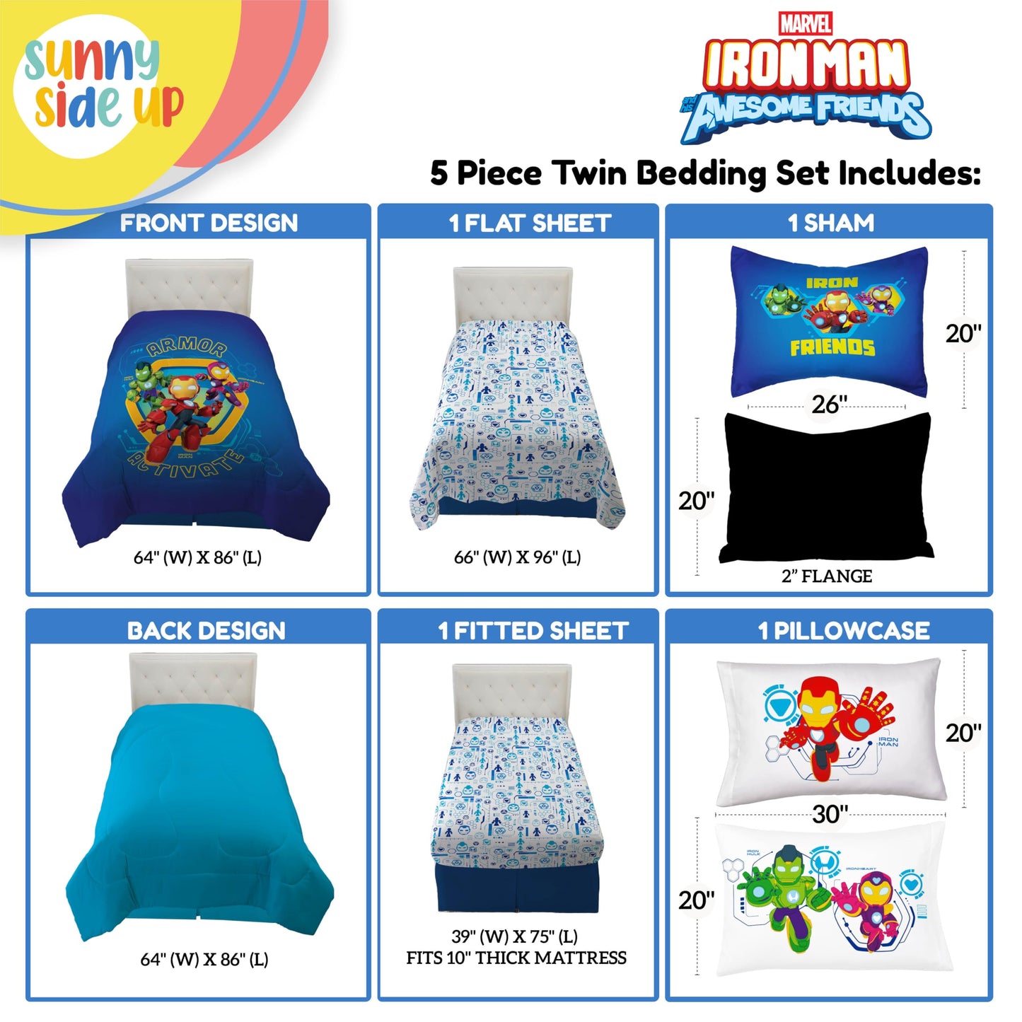 Sunny Side Up Kids Comforter Set Includes Sheets and Pillow Covers - Soft and Cozy Bed Set for Stylish Room Decor, Blue - Iron Man and His Awesome Friends, 5 Piece Twin Size Bedding