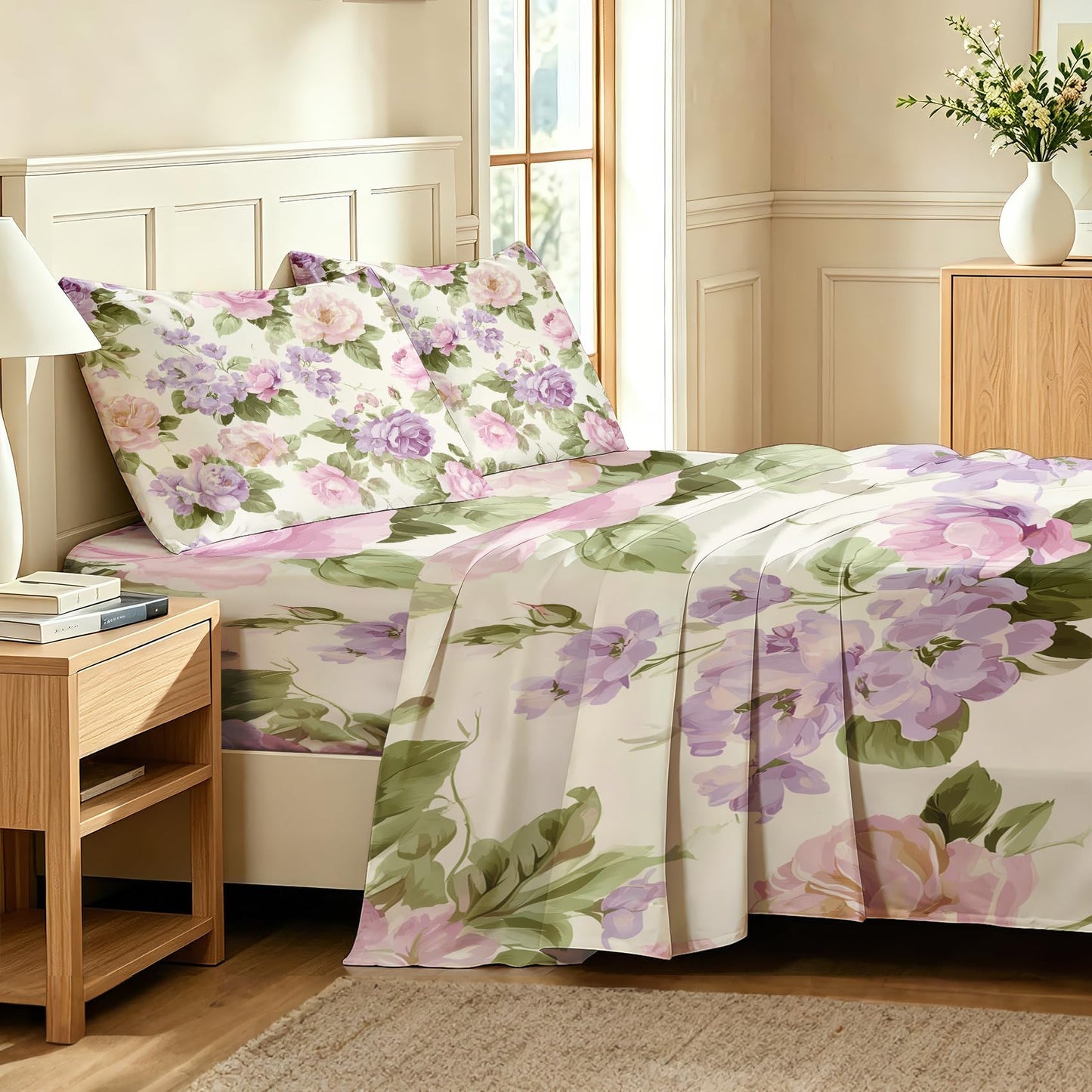 Purple Peony King Sheet Set 4 Pcs Watercolor Flowers Bed Sheets