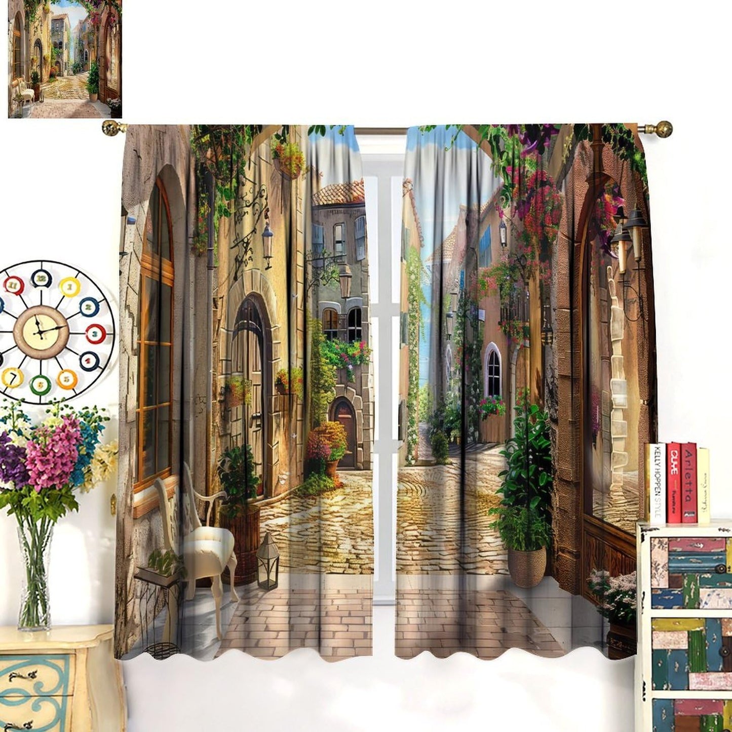 GoDazzling European Italian Curtains, Old Mediterranean Street Stone Rock House Floral Porches Pastoral Town Scenery Window Drapes, for Living Room Bedroom 41" W X 45" L (No Blackout)