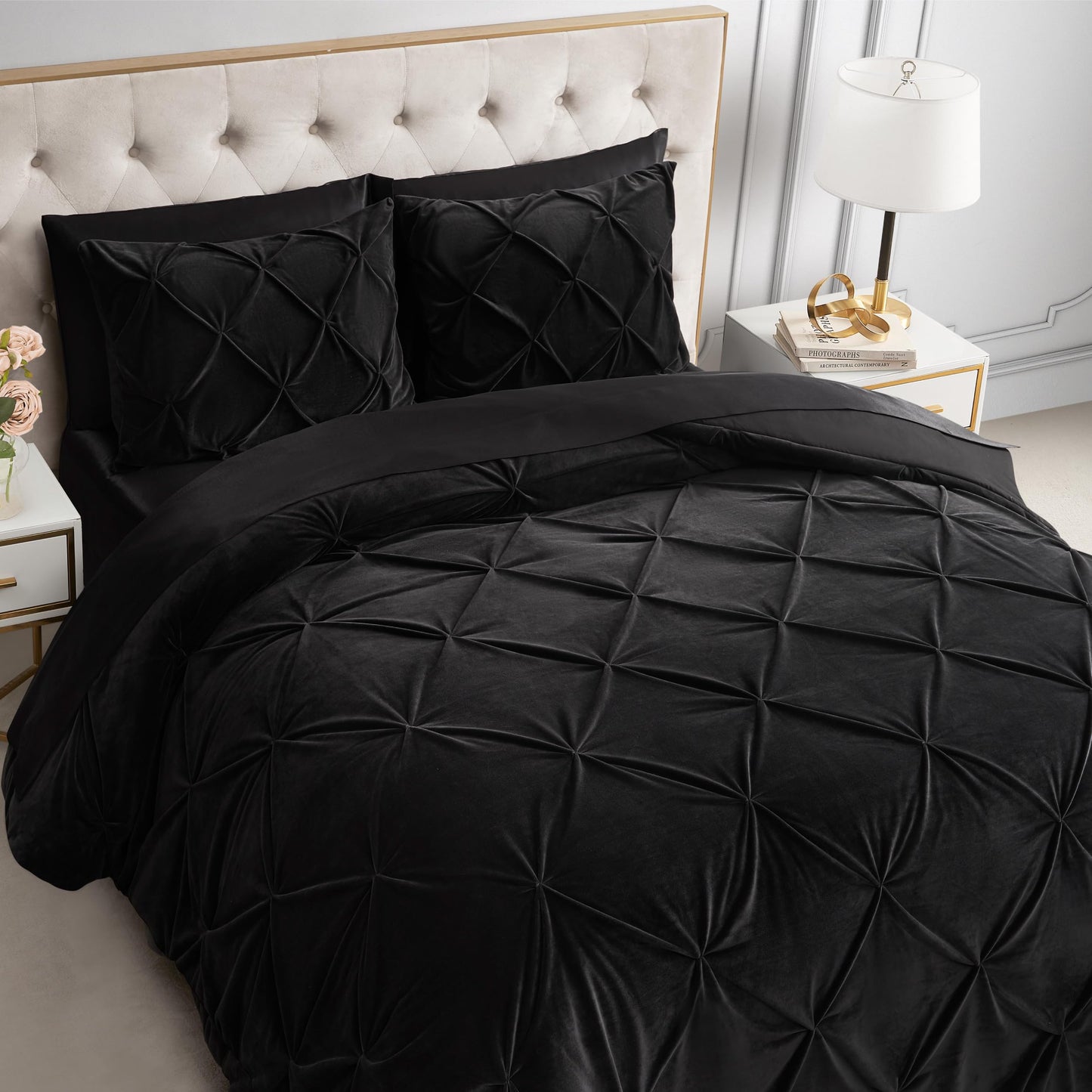 Juicy Couture Kiss Pleat Plush Micromink Black King Comforter Set - Cozy 3 Piece Bedding Ensemble