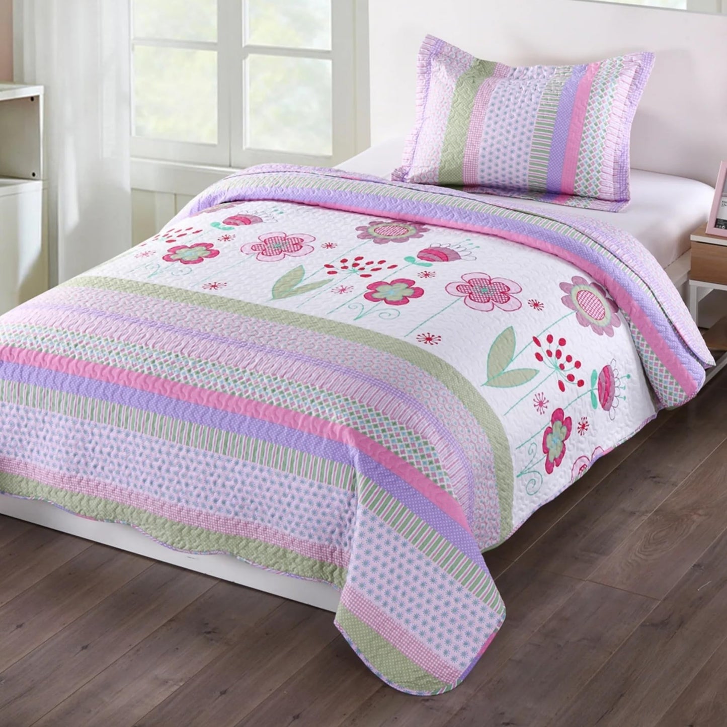 MarCielo 2 Piece Kids Bedspread Quilts Set Throw Blanket for Teens Girls Bed Printed Bedding Coverlet, Twin Size, Purple Floral Striped (Twin)