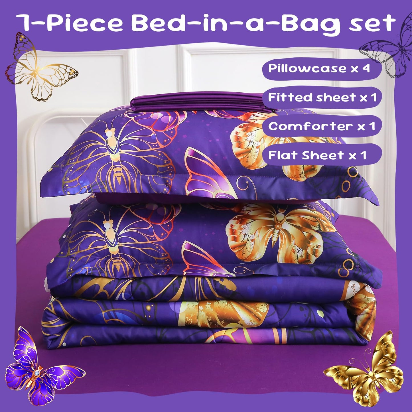 Jameswish 7 Piece Butterflies Comforter Set Full Size 3D Gold Violet Butterflies Bedding Set for Kids Girls Women for Birthday Christmas Gift