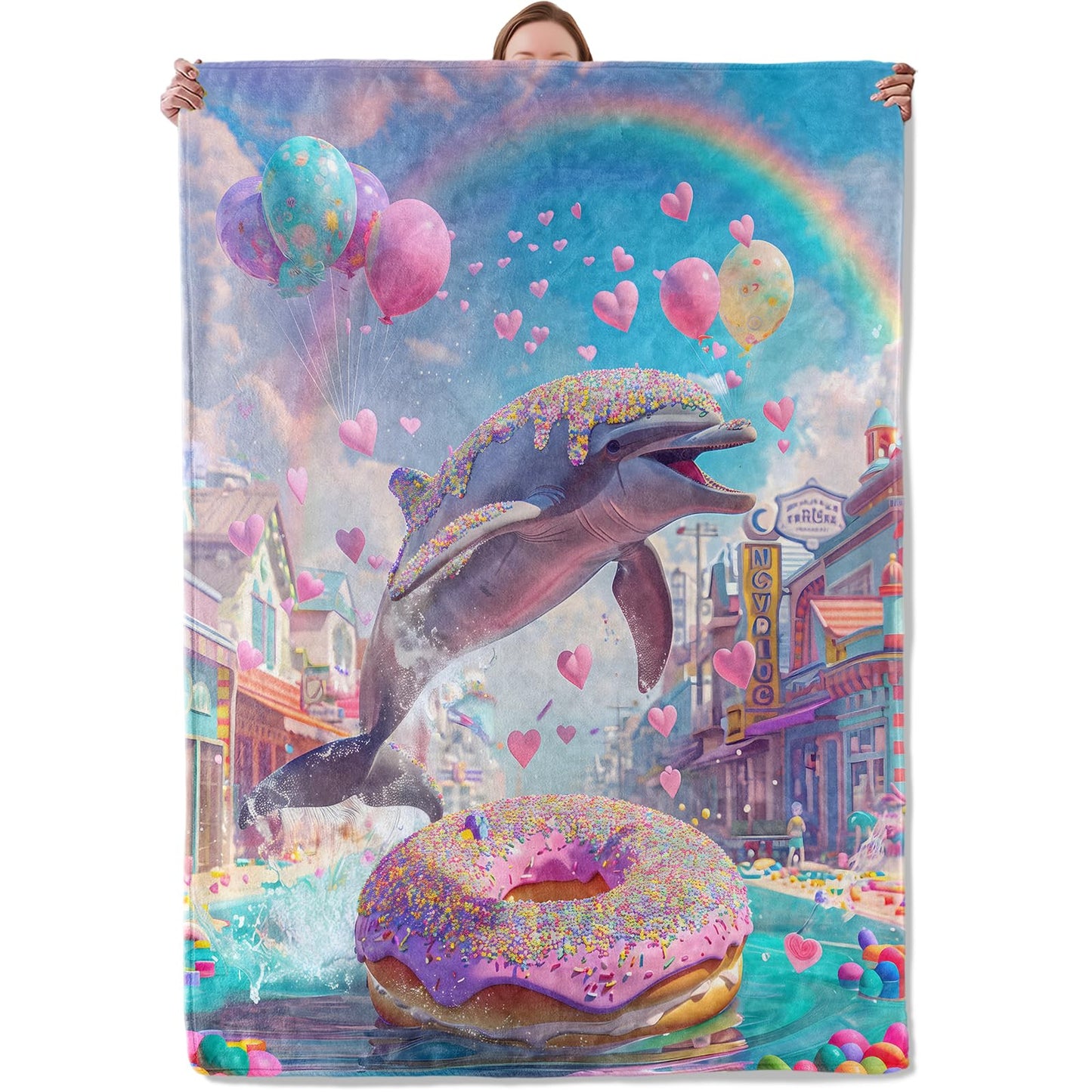 Mounidso Donut Dolphins Flannel Blanket, Dolphin Theme Gifts for Women, Soft Warm Lightweight Ocean Blankets for Living Room, Home, Sofa, Travel Decor 50" x 60"
