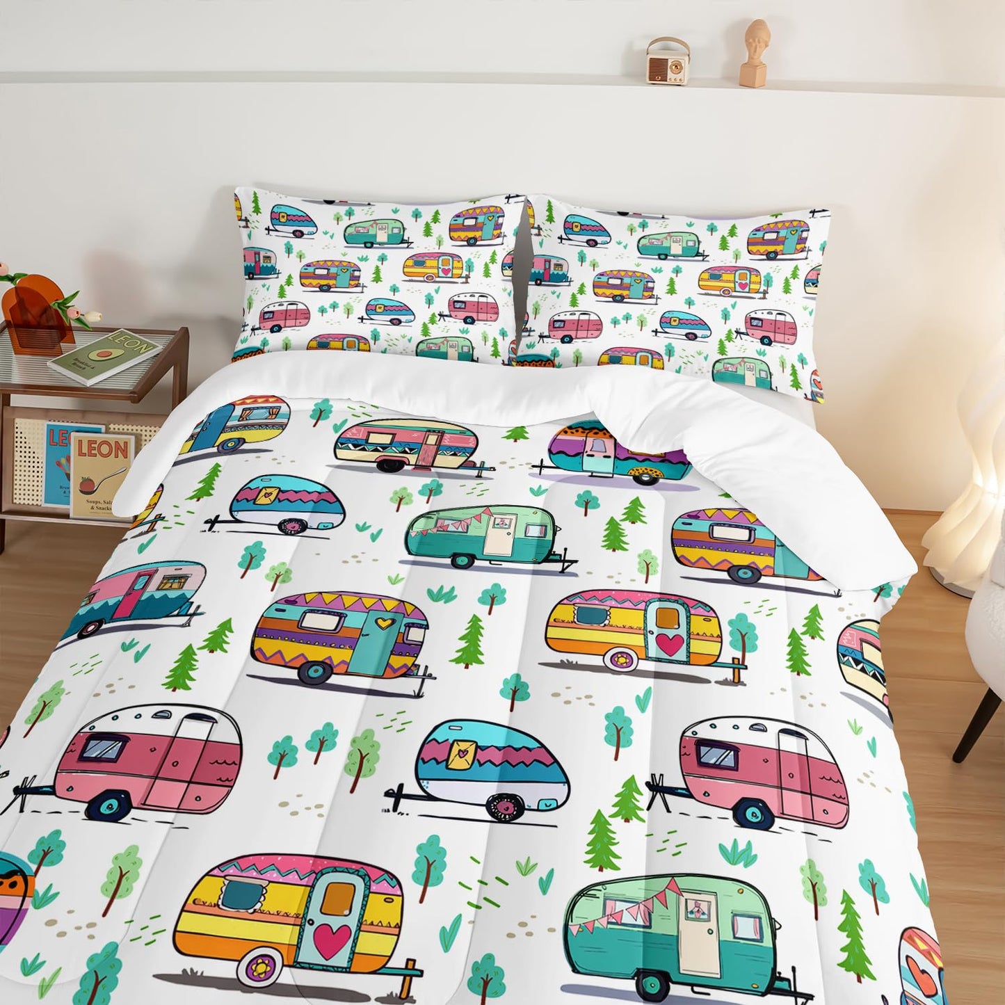 HOSIMA Happy Camping Bedding Queen Comforter Set for Girls Boys,Rustic Farmhouse Camping Trailer Bedding Set,Camping Trailer Forest Printed Comforter Kids Bedding Set with 2 Pillowcases.