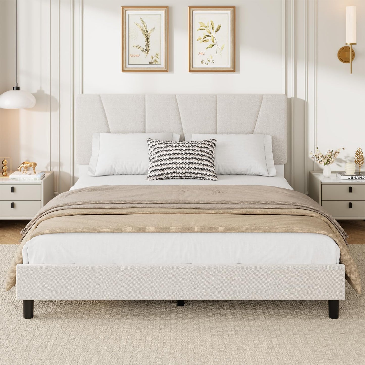 IDEALHOUSE Full Size Bed Frame with Upholstered Headboard, Heavy Duty Platform Bed Frame with Strong Wood Slats, Adjustable Headboard, Noise-Free, No Box Spring Needed, Easy Assembly