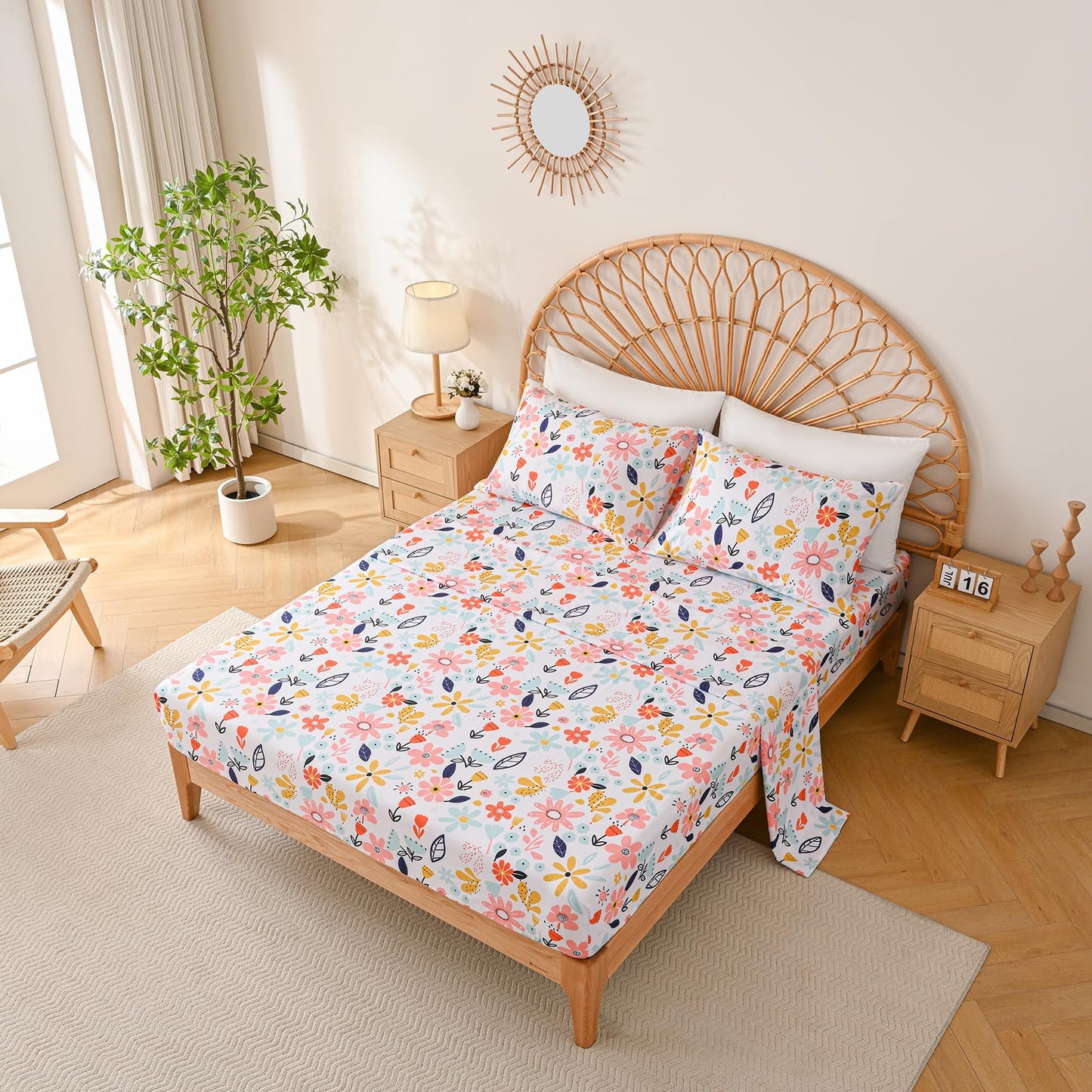 Yibeizi Floral Sheet Set for Girls Twin, Kids Cute Print Bedsheets Microfiber Deep Pocket Flower Patterned Bed Sheet & Pillowcase Sets 3 Pieces