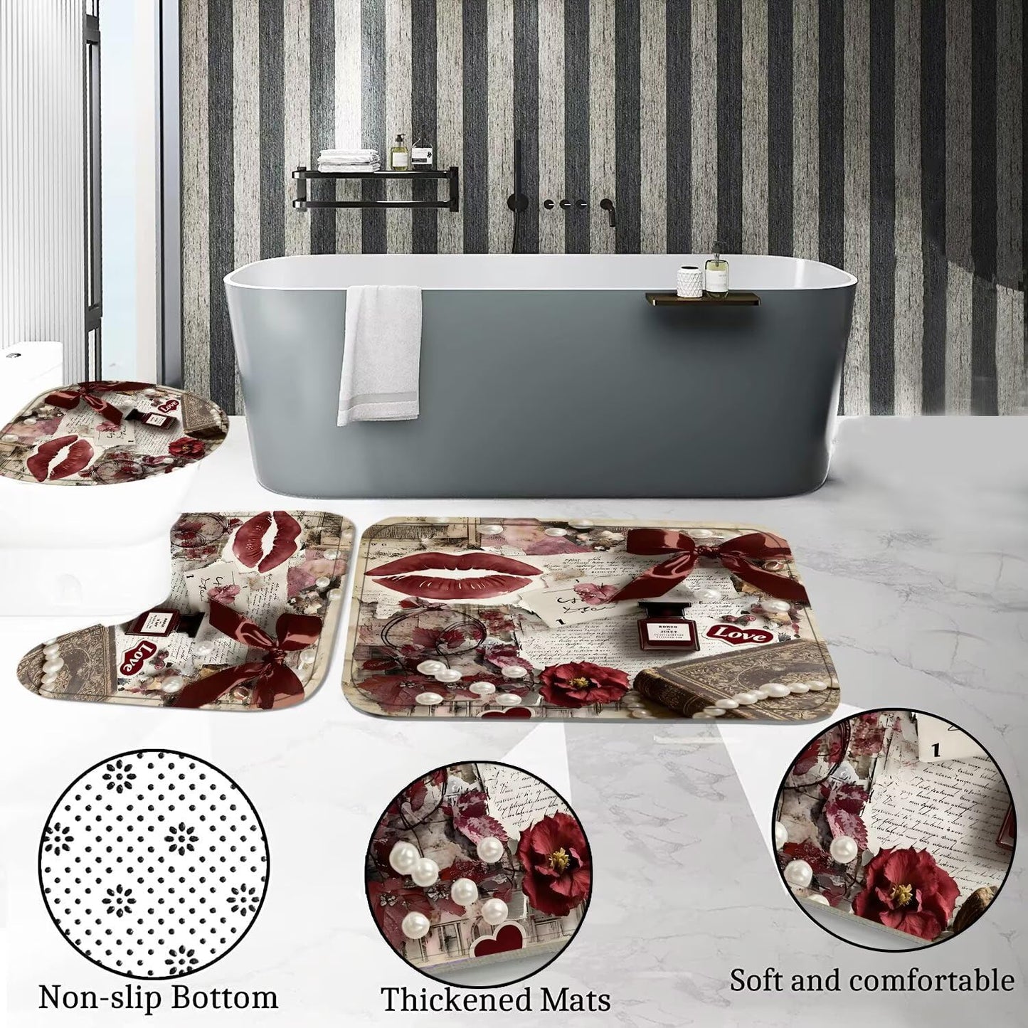 DDQQ 4Pcs Sexy Lip Shower Curtain Set Women Pearl Bow Bathroom Decor Set, Fashion Red Flower Perfume Bathroom Curtains Shower Set with Rugs, Girly Shower Curtain with 12 Hooks