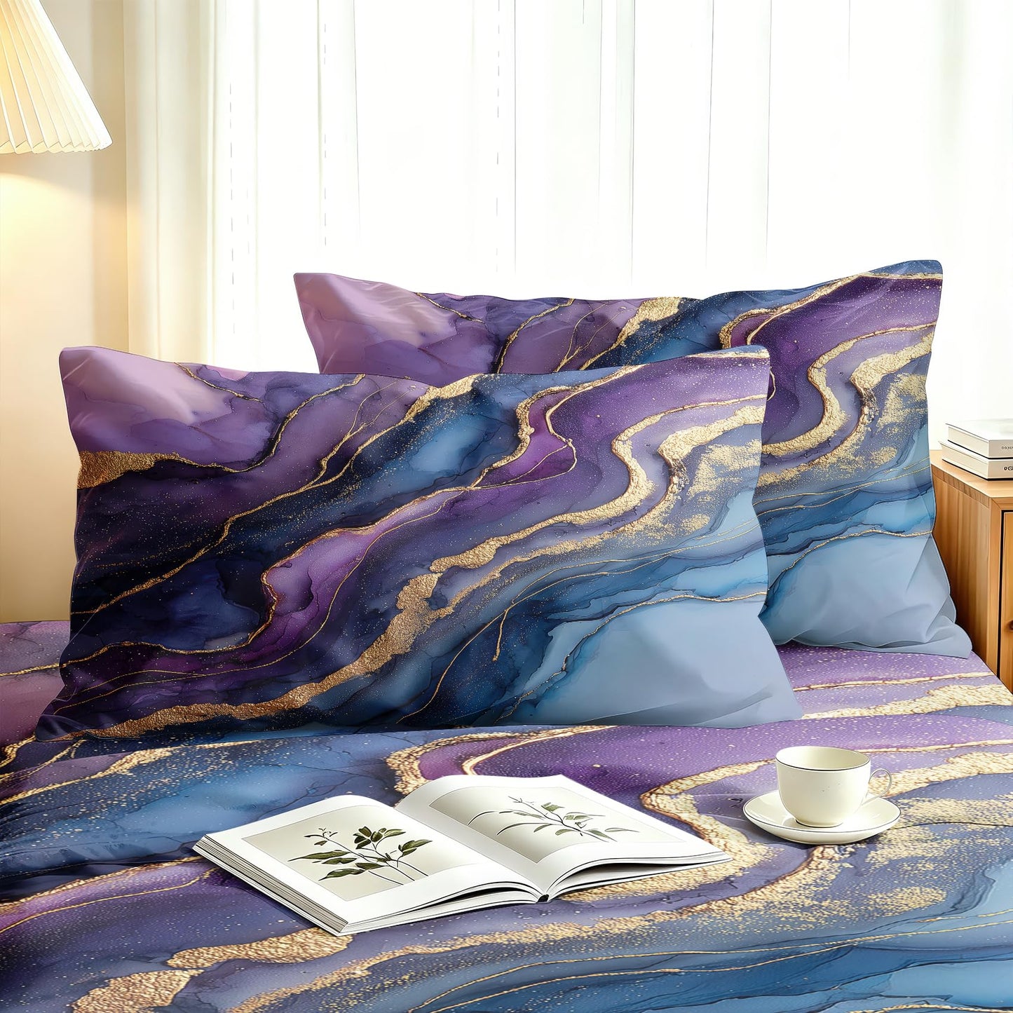 Purple Marble Full Sheet Set Abstract Flat Fitted Sheet Sets, Gold Purple