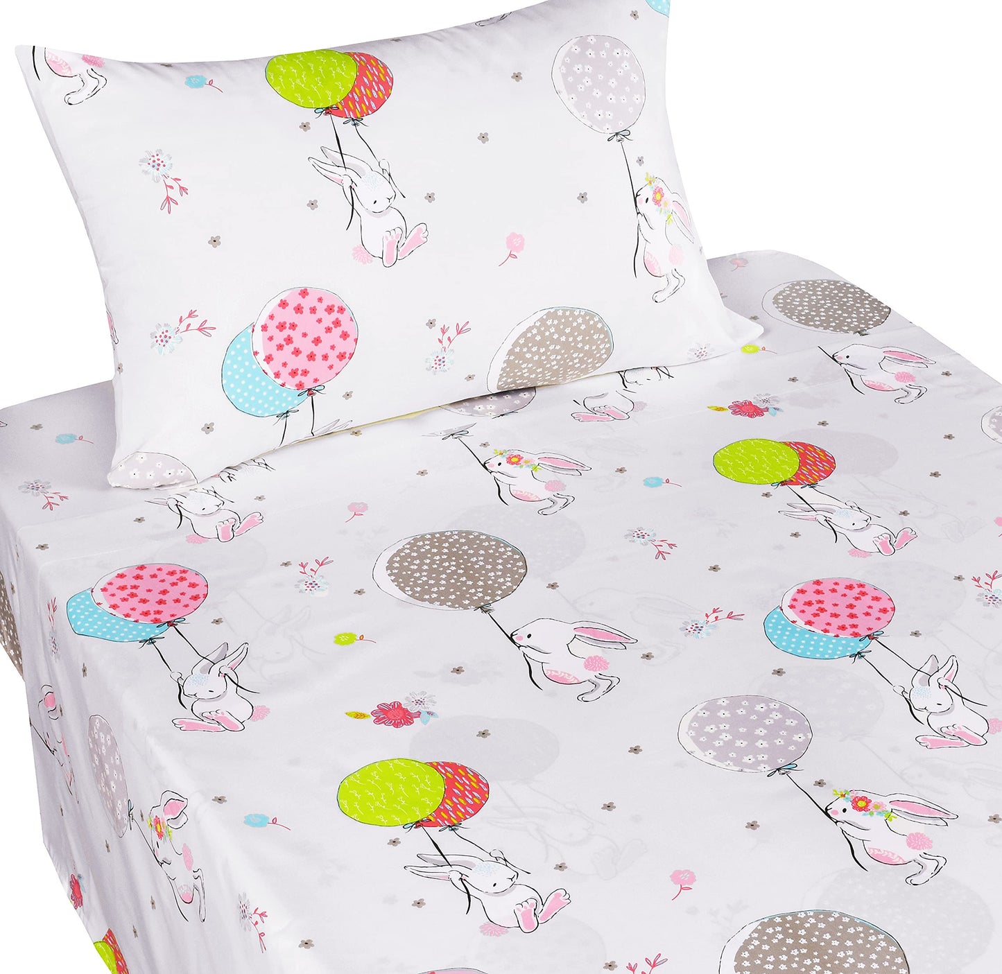 J-pinno Cute Cartoon Rabbit Bunny 100% Cotton 3 Pieces Twin Sheet Set for Kids Girls Children Flat Sheet + Fitted Sheet + Pillowcase Bedding Decoration Gift Set