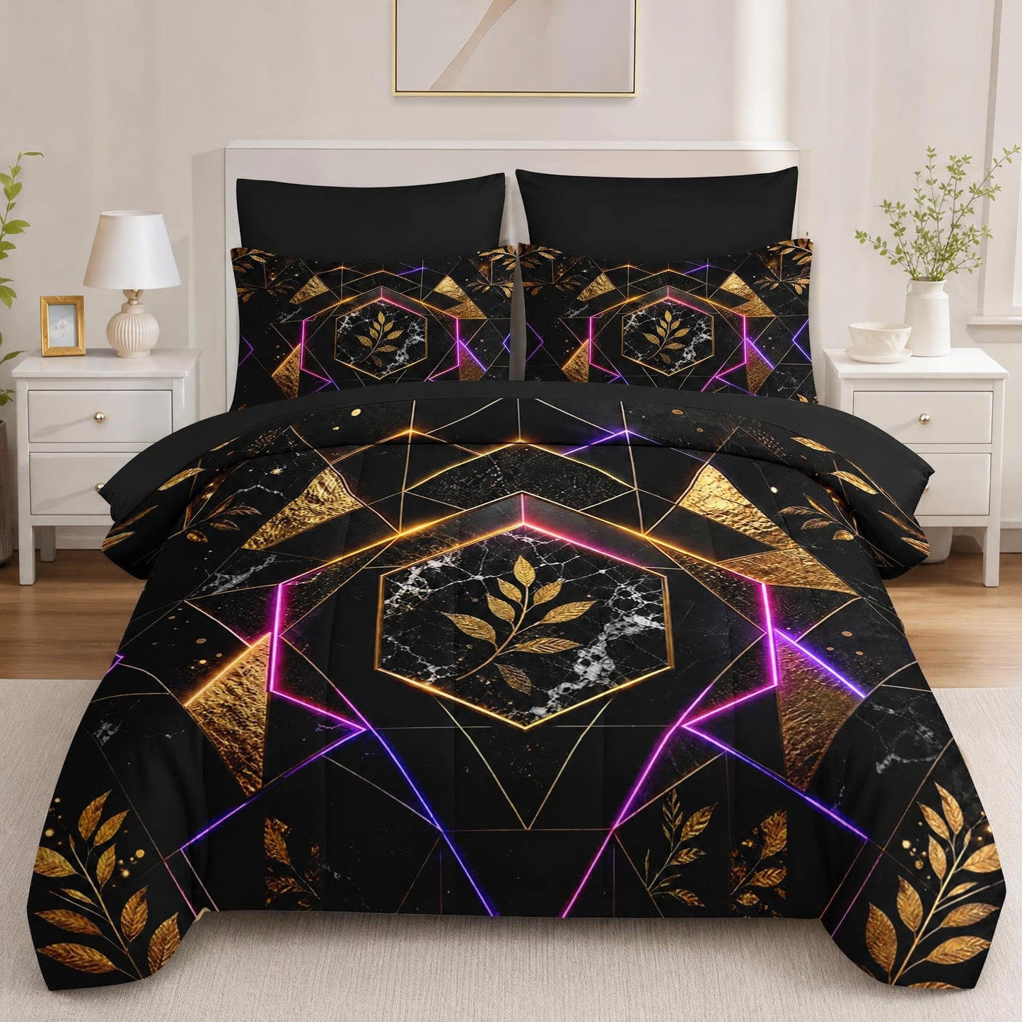 Boewywh Comforter Set Twin Size Marble Geometric Gold 7 Pcs, Bedding for Kids and Adults, Leaf Abstract Bed Sheet Sets with Fitted Sheet 2 Pillowcases & 2 Shams for Bedroom Bed Decor