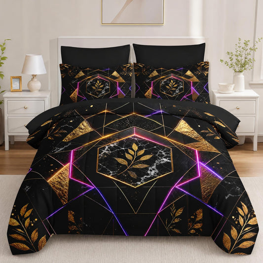 Boewywh Comforter Set Twin Size Marble Geometric Gold 7 Pcs, Bedding for Kids and Adults, Leaf Abstract Bed Sheet Sets with Fitted Sheet 2 Pillowcases & 2 Shams for Bedroom Bed Decor