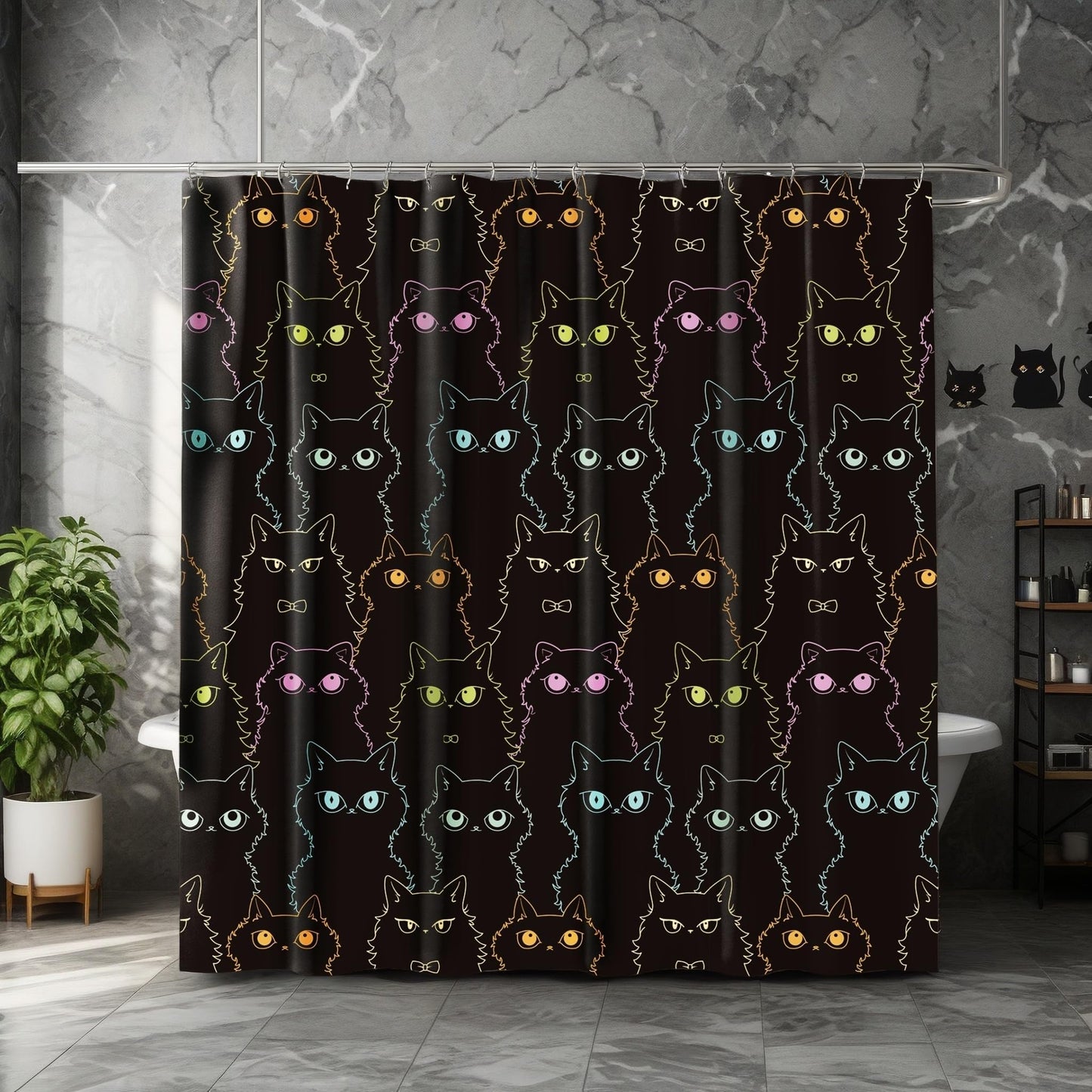 SDIII Black Cat Shower Curtain Set 72x72 Inch, Waterproof Microfiber Shower Curtain Cat Black for Cute Animal Themed Bathroom Decor Halloween