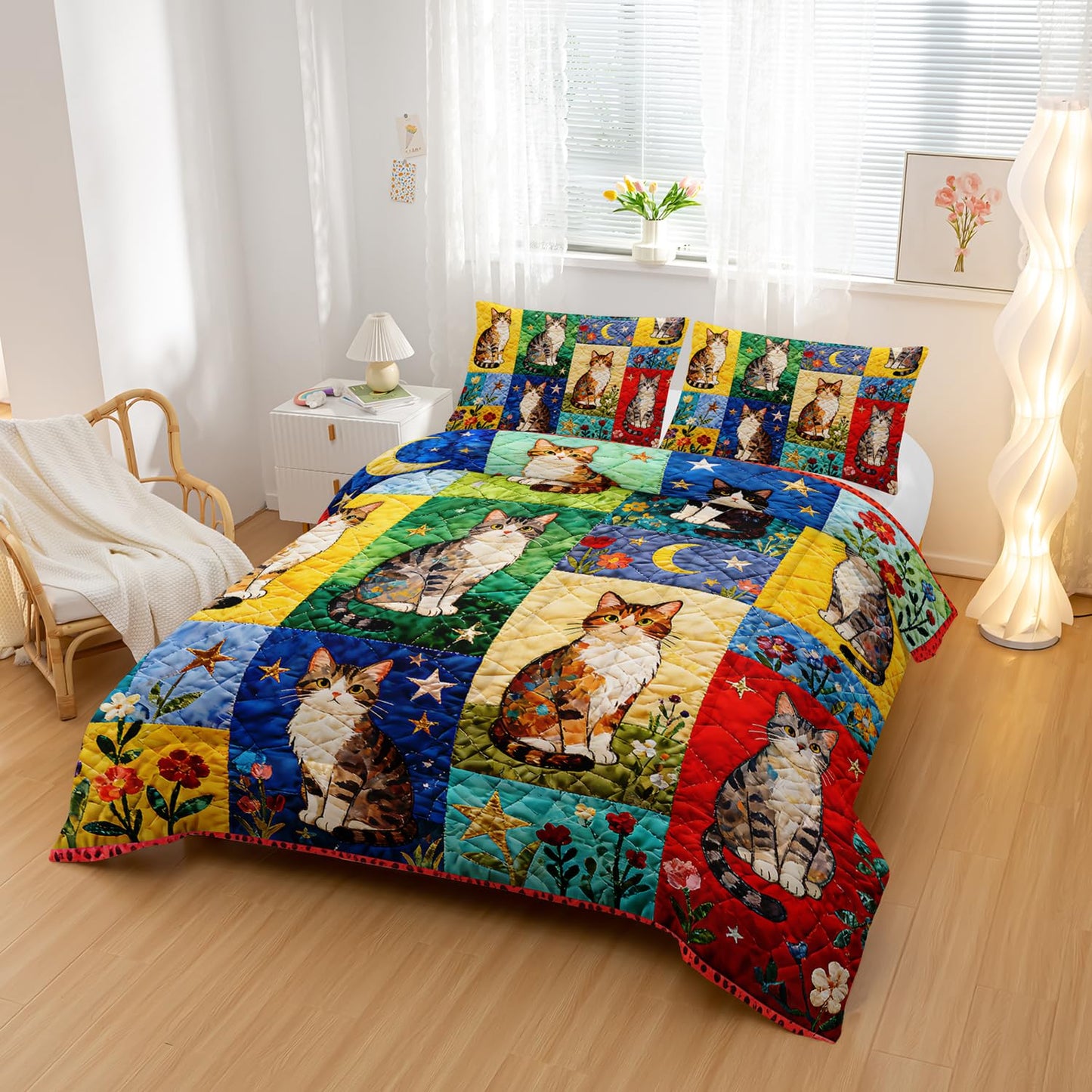 Nttopship Cartoon Cat Comforter Set Full Size 3PCS,Cat Puzzle Bedding Set for Teen Adult,Floral Cat Animal Themed Room Decor Ultra-Soft Lightweight Microfiber with 2 Pillowcases