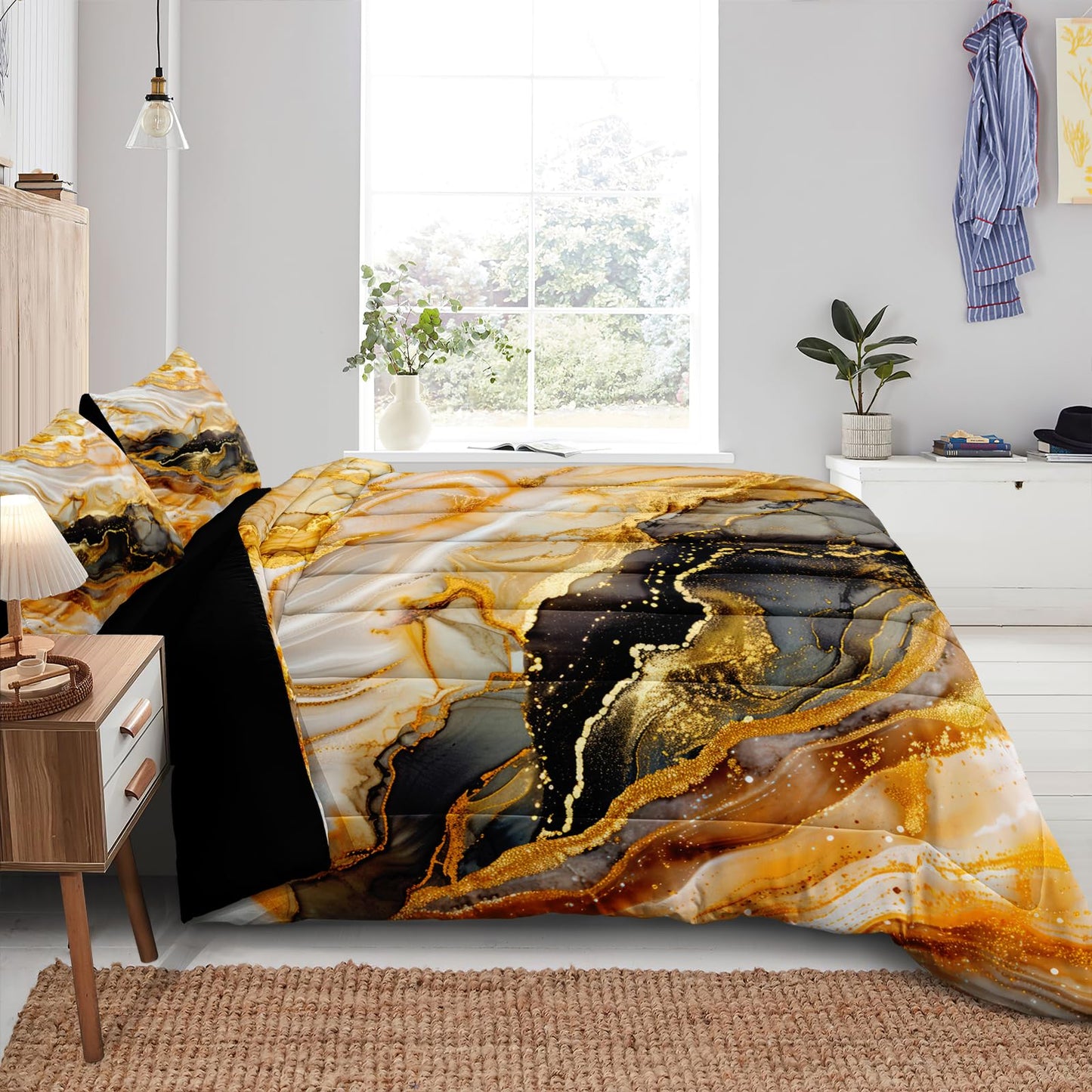 Bedorm Marble Comforter Set Queen Black Gold Bedding Black and White Marble Stone Texture Abstract Bedroom Comforter Super Soft Cozy Marble Bed Set 4 Pcs