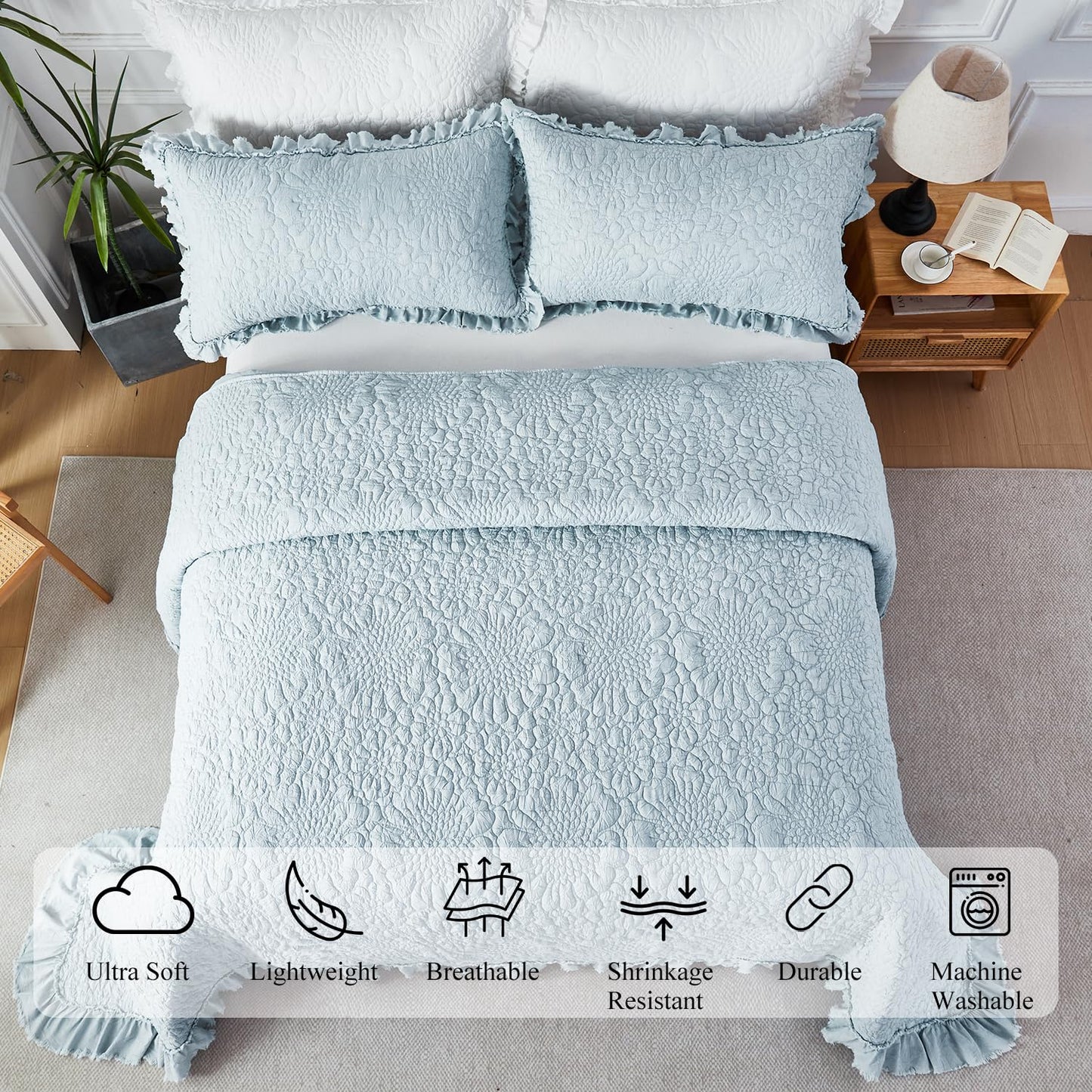 WINLIFE Queen Ruffled Quilt Bedding Set(90''x98''), Soft Stonewashed Bedspread Bedding Dusty Blue Floral Petal Pattern Crinkle Farmhouse Quilted Coverlet & Sets 3PCS for All Season