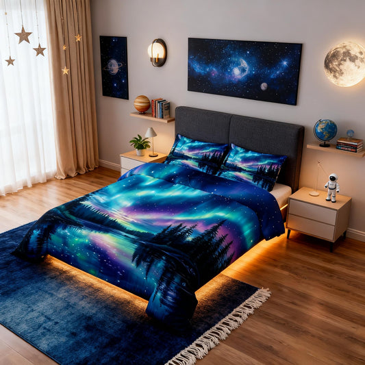 Northern Lights Kids Comforter Set Twin Size,Rainbow Starry Sky North Pole Dreamy Bedding Set,Girls Women Room Decor,Pine Trees River Natural Down Comforter,Blue Purple Duvet Insert,1 Pillowcase
