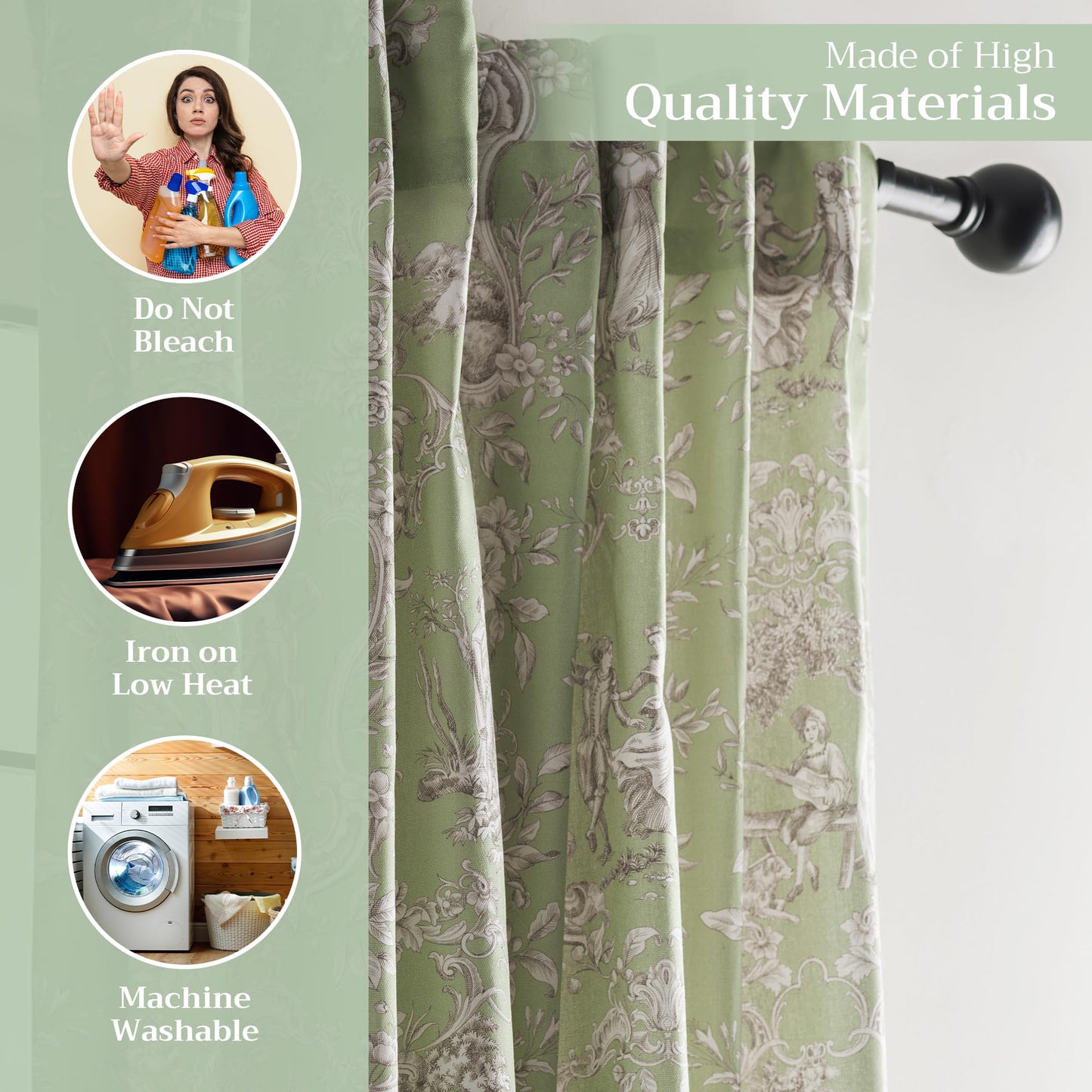 Maison d' Hermine Curtains for Living Room 100% Cotton 96 inch Length One Panel Light Filtering Toile Curtains for Bedroom Windows with Rod and Loop Pockets Drapes (Joli Jouy Green, 50" W x 96" L)