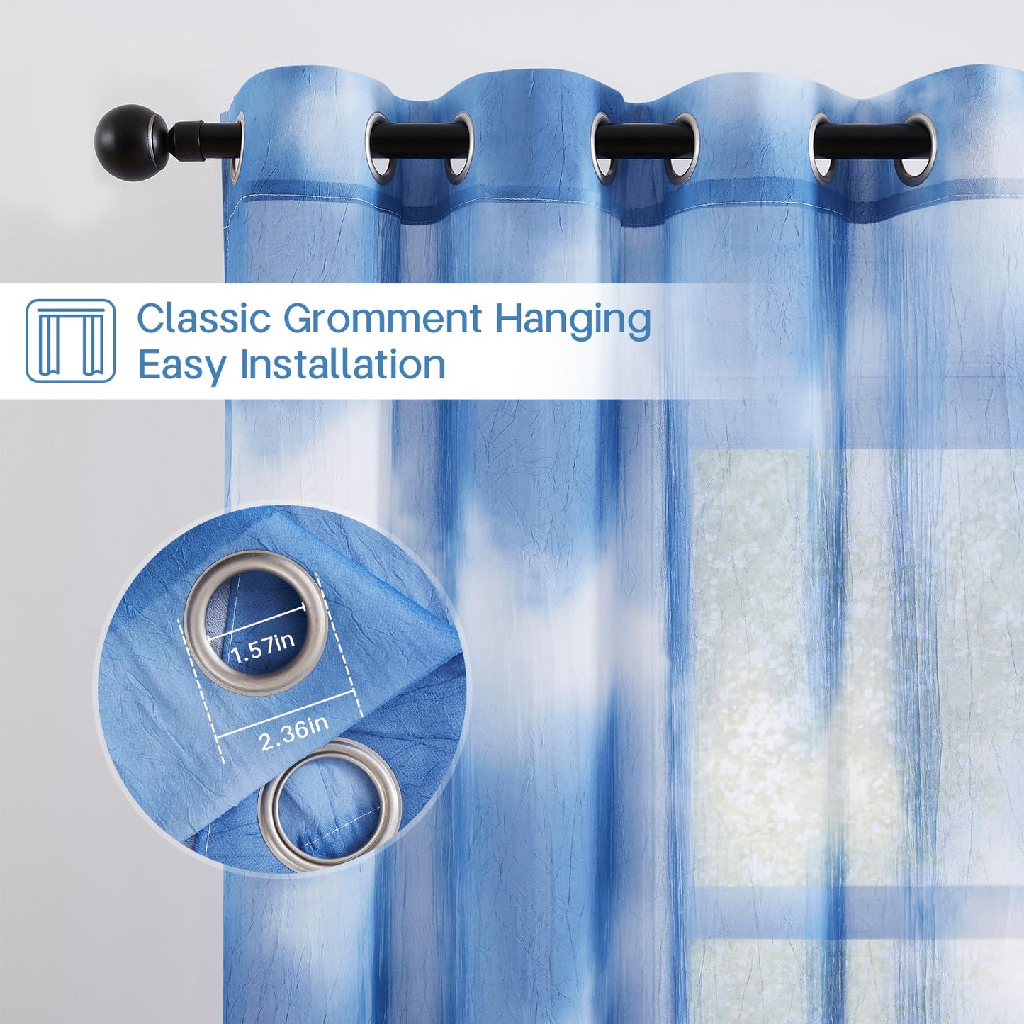 Pudmangtex Blue Sheer Curtains 84 Inches Long for Living Room 2 Panels, Ombre Semi Sheer Curtains with Sliver Grommet Top, Voile Light Filtering Curtain Bedroom, 52" W x 84" L