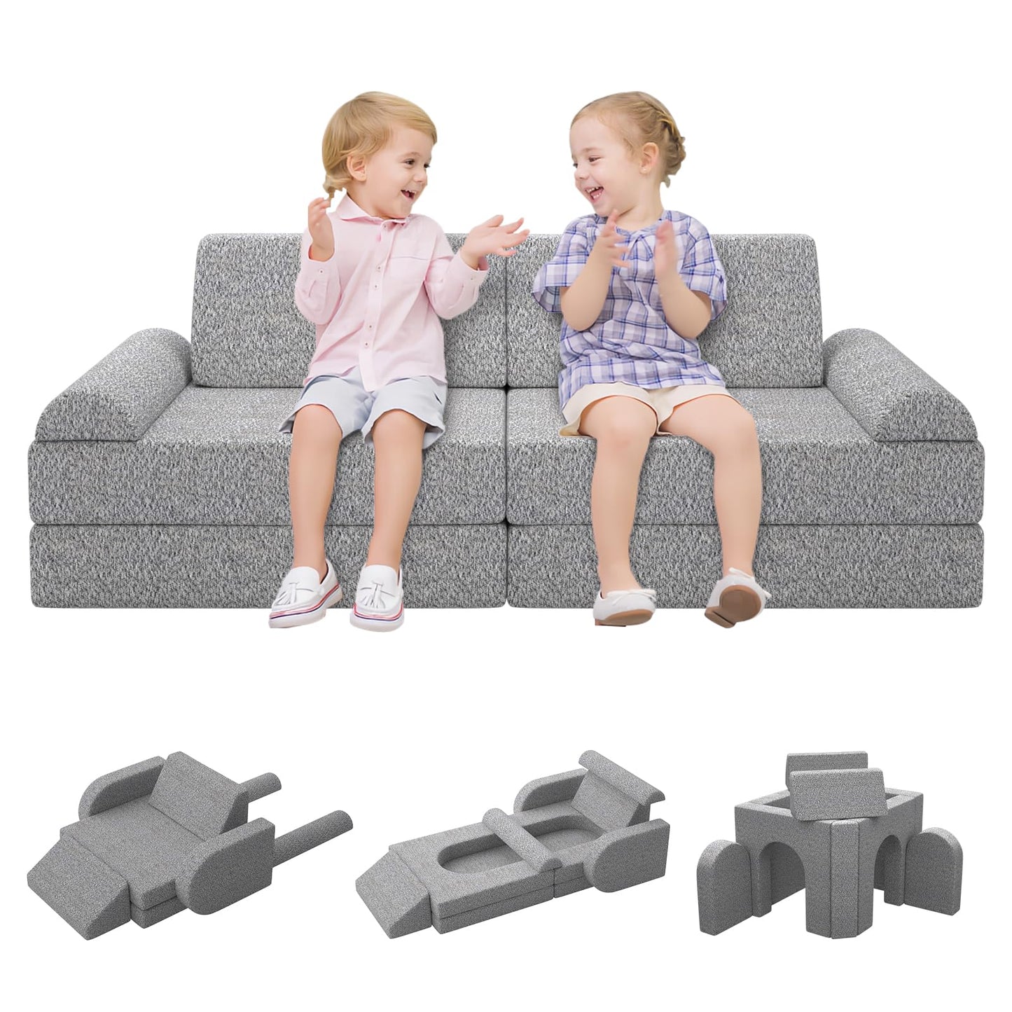 GoFujuco Modular Kids Play Couch with Washable Covers – Foam Toddler Sofa for Creative Play, Climbing, and Lounging – Convertible Kid Sofa Play Furniture for Kids Room or Nursery (Grey)