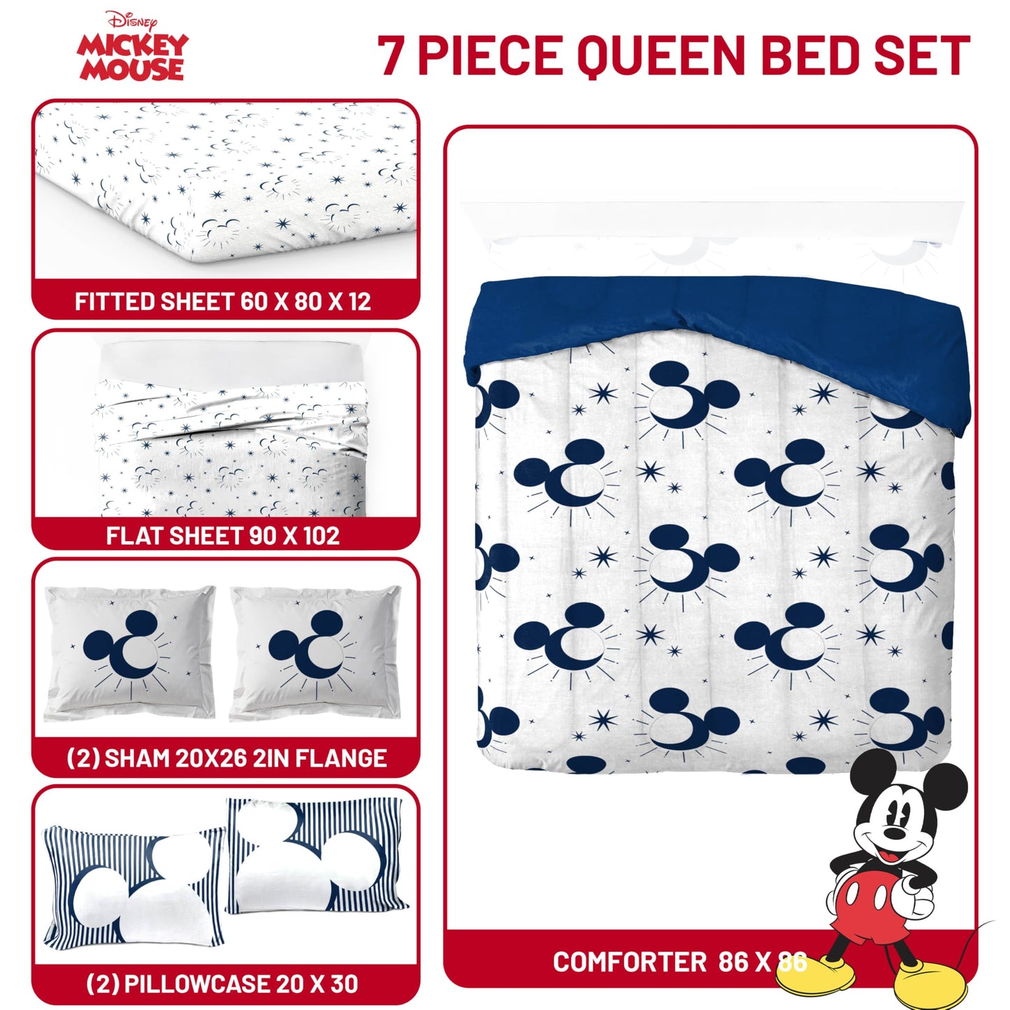 Jay Franco Disney Mickey Mouse Queen Comforter Set - 7 Piece Bedding Includes Sheet Set & Pillow Covers - Super Soft Cozy Celestial Bedding