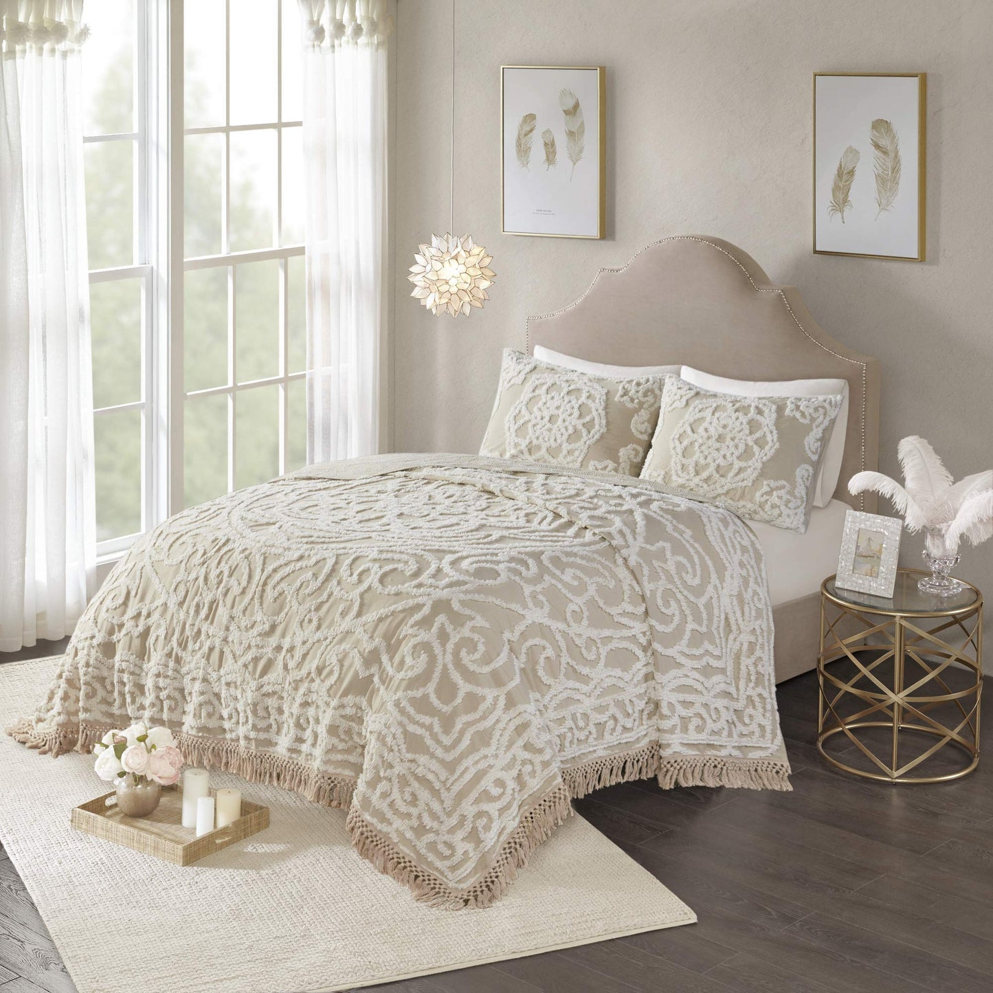 Madison Park Laetitia Lightweight 100% Cotton Quilt Set, Breathable Chenille Tufted, Shabby Chic Boho Medallion Design, Sham, Floral Taupe w/ Tassels, Full/Queen-2 Piece