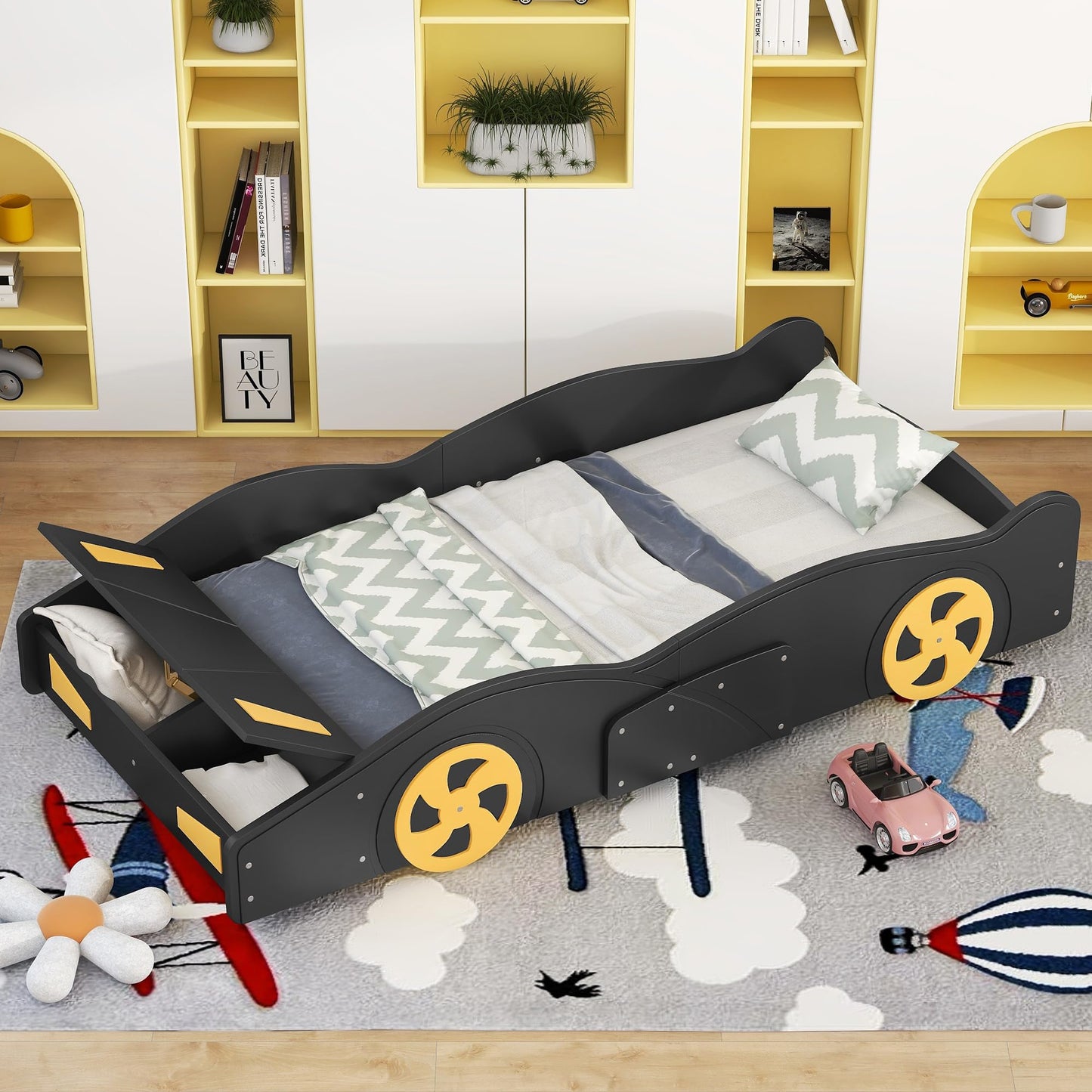 Acosure Twin Size Race Car Bed Platform Bed with Wheels and Storage,Wood Bed Frame W/Wood Slats Support,for Kids Boys Girls Teens,Box Spring Not Required,Black+Yellow