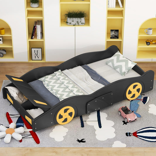 Acosure Twin Size Race Car Bed Platform Bed with Wheels and Storage,Wood Bed Frame W/Wood Slats Support,for Kids Boys Girls Teens,Box Spring Not Required,Black+Yellow