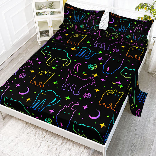 Axolotl Black Cat Bedding Cartoon Cat Sheet Set Twin,Moon Stars Printed Kids Bedding for Girls Boys Room Decor,Kids Sheets Set,1 Fitted Sheet 1 Flat Sheet 2 Pillowcases,Neon Color Purple Blue Green