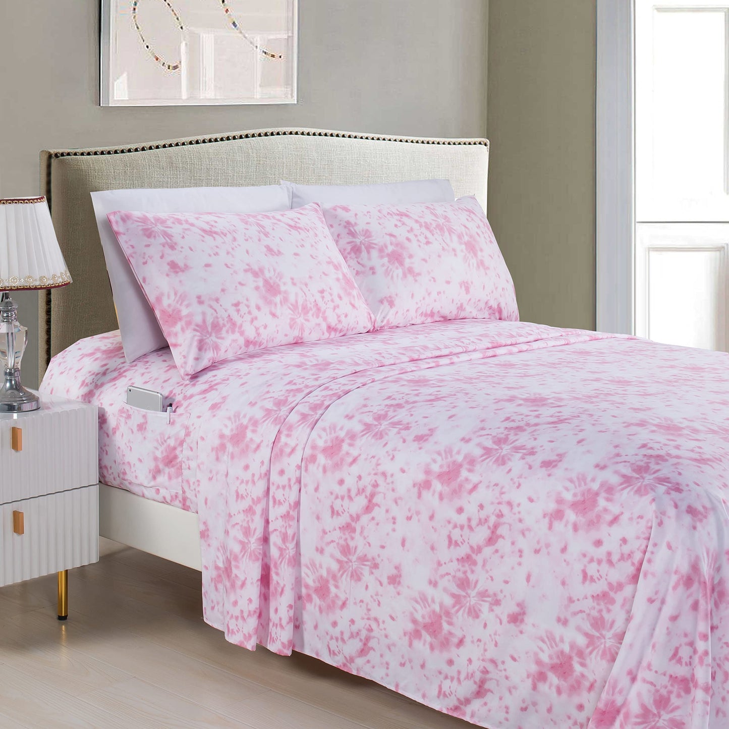 Elegant Comfort Luxury Soft Bed Sheets Tie Dye Pattern 1500 Thread Count Percale Egyptian Quality Microfiber Softness Wrinkle and Fade Resistant (4-Piece) Bedding Set, Twin XL, Tie Dye Light Pink