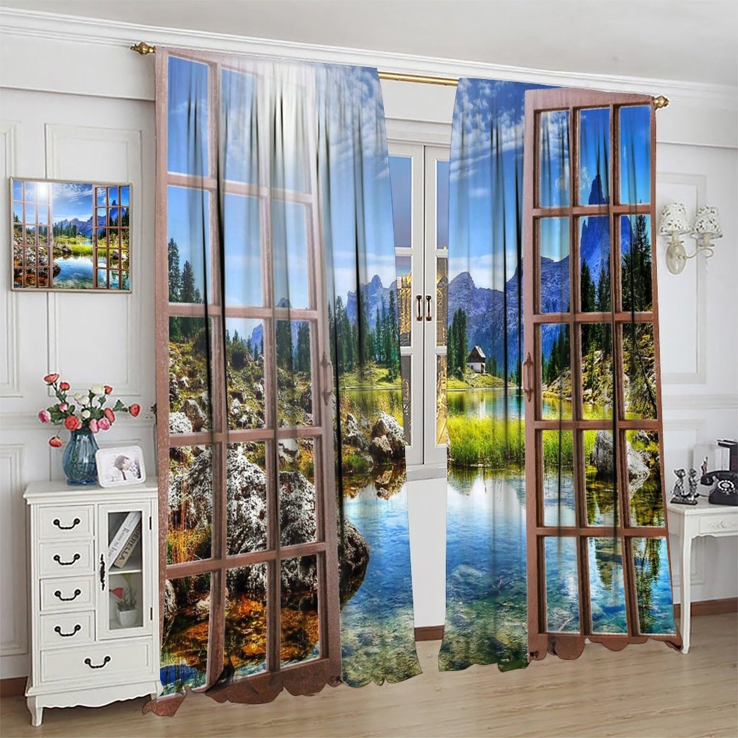 Forest Landscape Curtains,Wooden Window Nature Scenery Mountain Waterfalls Landscape Rustic Farmhouse Style Print Window Drapes For Bedroom Living Room Kitchen Decor,2 Panel Set,52x84 Inch Blackout