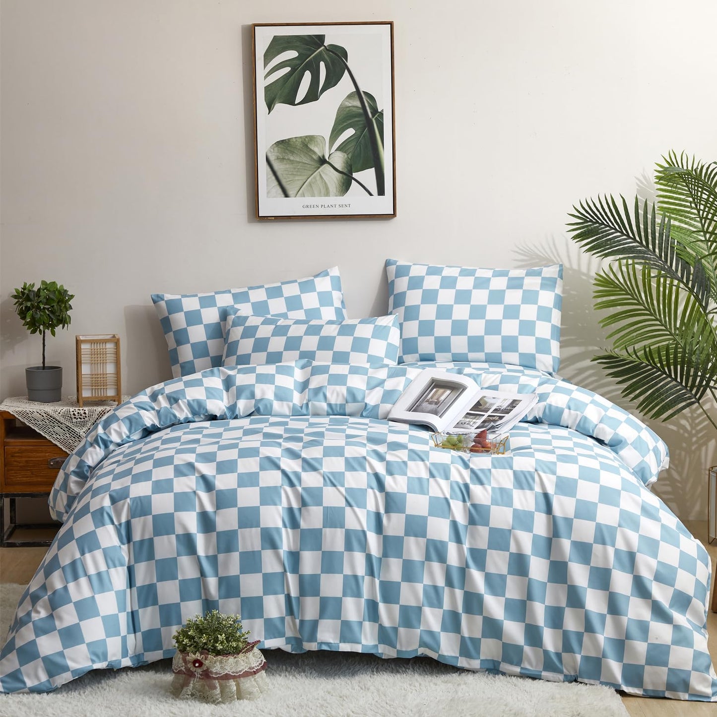 KAREVER Blue White Grid Comforter Set Full Blue Plaid Bedding Set Girls Blue White Checkered Bed Blanket Set Kids Durable Breathable Bedding Comforter Set