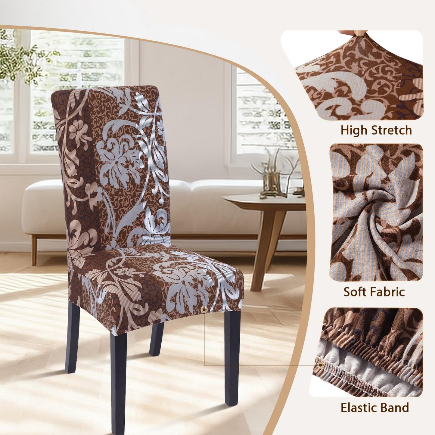 SearchI Dining Room Chair Covers Set of 4, Stretch Printed Parsons Chair Slipcovers Removable Washable Kitchen Chair Protector Cover for Dining Room, Hotel, Ceremony (Brown+Flower)