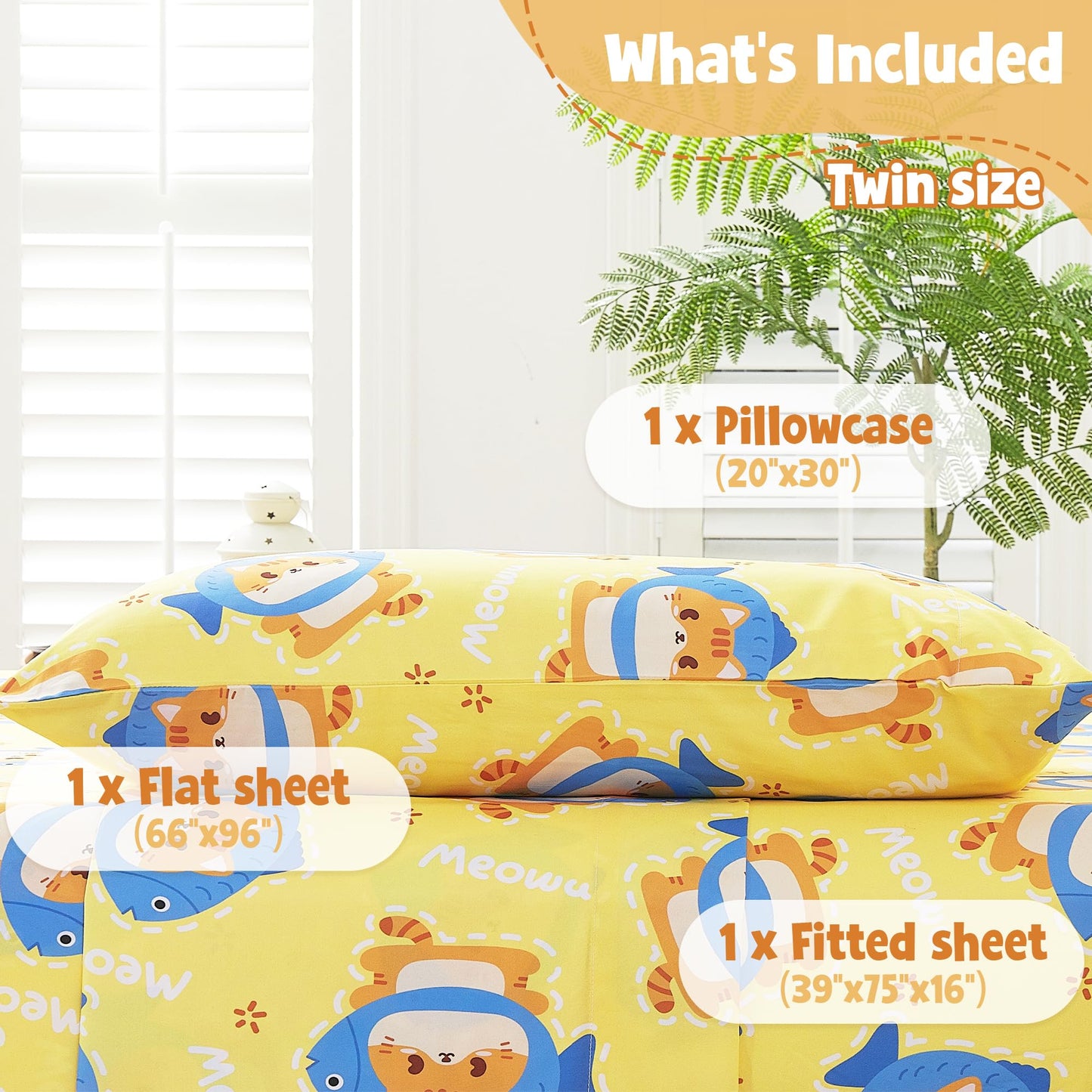 CozySmile Twin Sheet Set Kids,3 Pieces Breathable Soft Microfiber Bedsheets for Child Boys Girls, Oeko-TEX, Anti Pilling Deep Pockets Easy Care Bed Sheets, Cat Fish