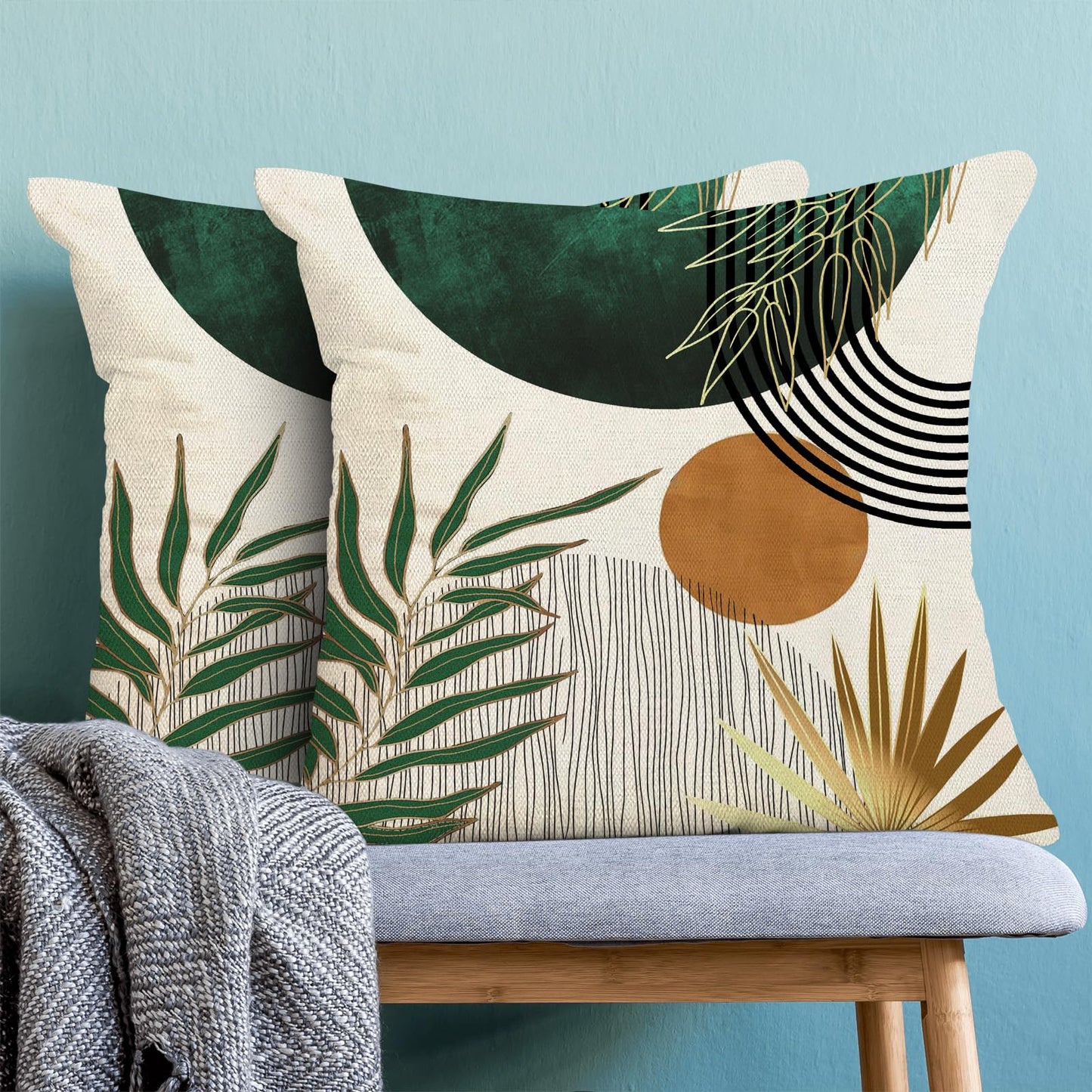 Yxuiyal Boho Pillow Covers 18x18 Set of 2 Green Gold Throw Pillow Covers Outdoor Decorations Mid Century Bohemian Style Tropical Leaves Pillowcase Farmhouse Decorative Cushion Case for Home Couch