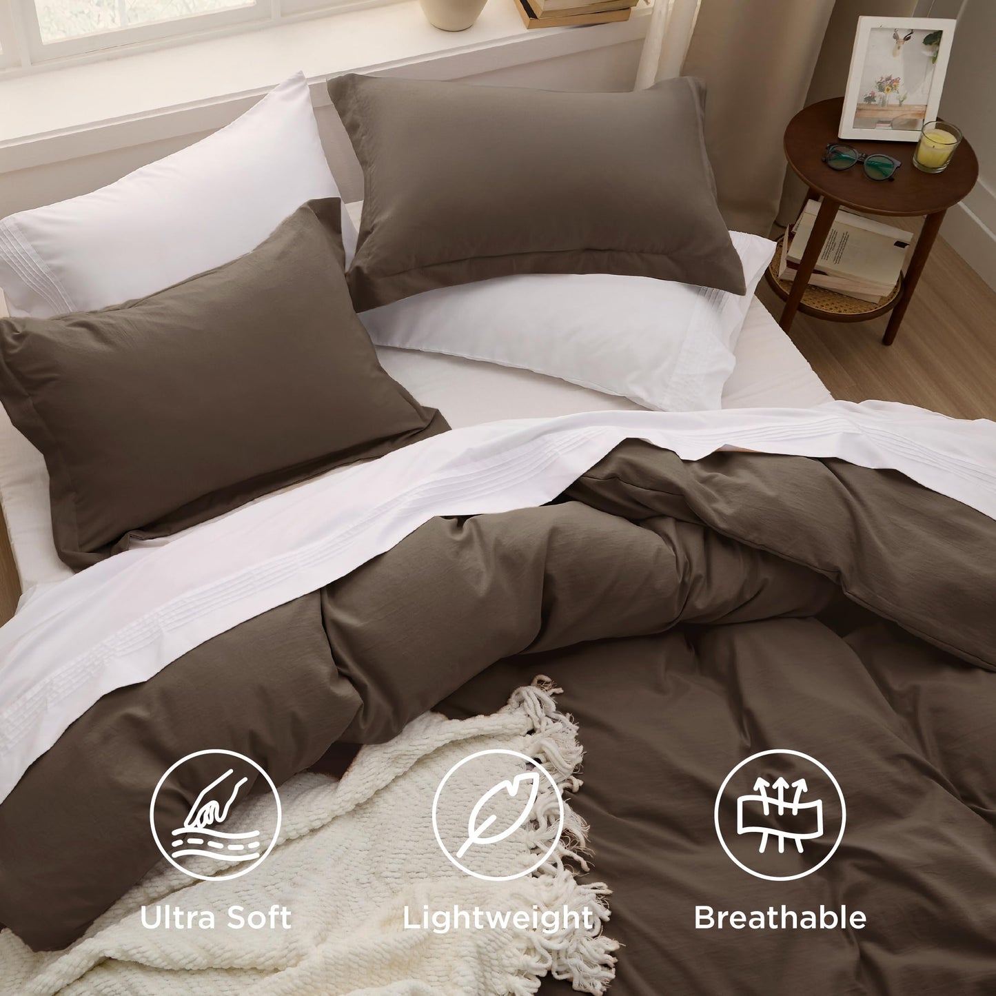 Bedsure Duvet Cover Queen Size - 3 Pieces Prewashed Cotton-Like Polyester Soft Bedding Set, Includes 1 Duvet Cover 90x90 Inches with Zipper Closure & 2 Pillow Shams, No Comforter，(Dark Brown, Queen)