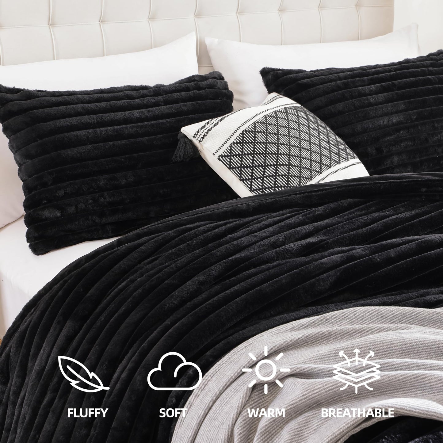 Smoofy Fluffy King Size Comforter Set 3 Pieces - Black Fleece Fluffy Comforter Set, Luxury Fuzzy King Bedding Set, Soft King Bed Set All Season, Heavy Faux Fur Comforter with 2 Pillow Cases