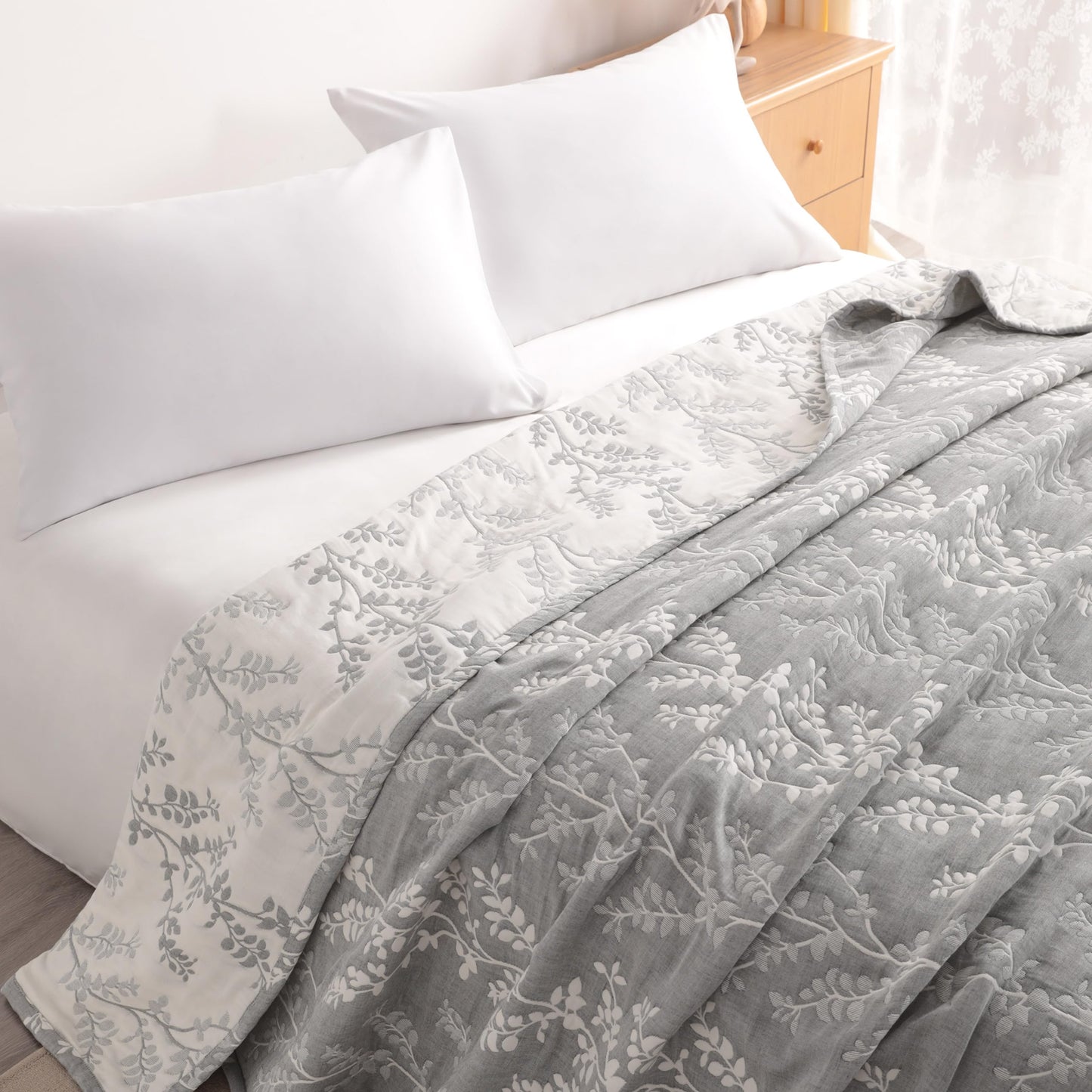 NTBAY 3 Layers Cotton Muslin 106x92 King Bed Blanket, Super Soft Breathable Thermal Yarn Dyed Quilt for Adults, Perfect Lightweight Blanket for Couch Sofa Bed All Seasons, Grey Tree