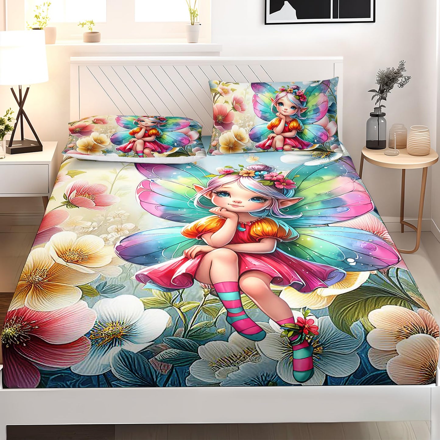 AILONEN Twin 3Pcs Beautiful Fairy Girls Fitted Sheet Set,Colorful Floral Flower Bed Sheet Set,Rainbow Butterfly Girls Sheet Set for Kids Teen,1 Fitted Sheet with 2 Pillowcases