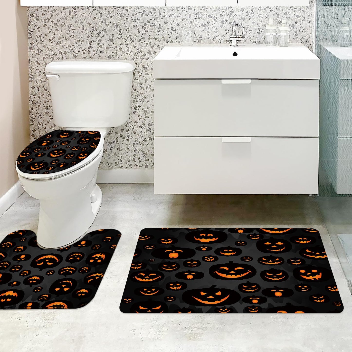 MEHOFOND 4pcs Halloween Pumpkin Shower Curtain Set Evil Pumpkins Shower Curtain Sets Halloween Black Scary Shower Curtain Set for Bathroom Decor with Non-Slip Rugs Toilet Lid Cover and Bath Mat
