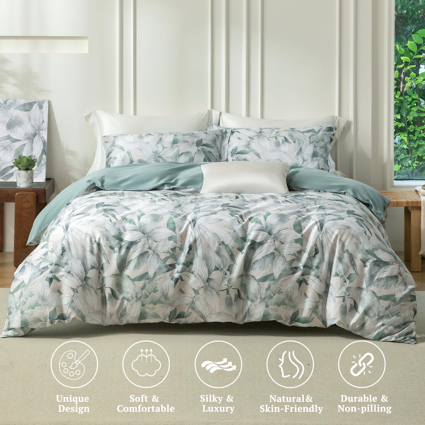 MILDLY Queen Duvet Cover Set - 100% Long-Staple Cotton Sage Green Leaves Patten Reversible Comforter Cover - 3Pcs Soft Breathable Luxury Bedding for All Season